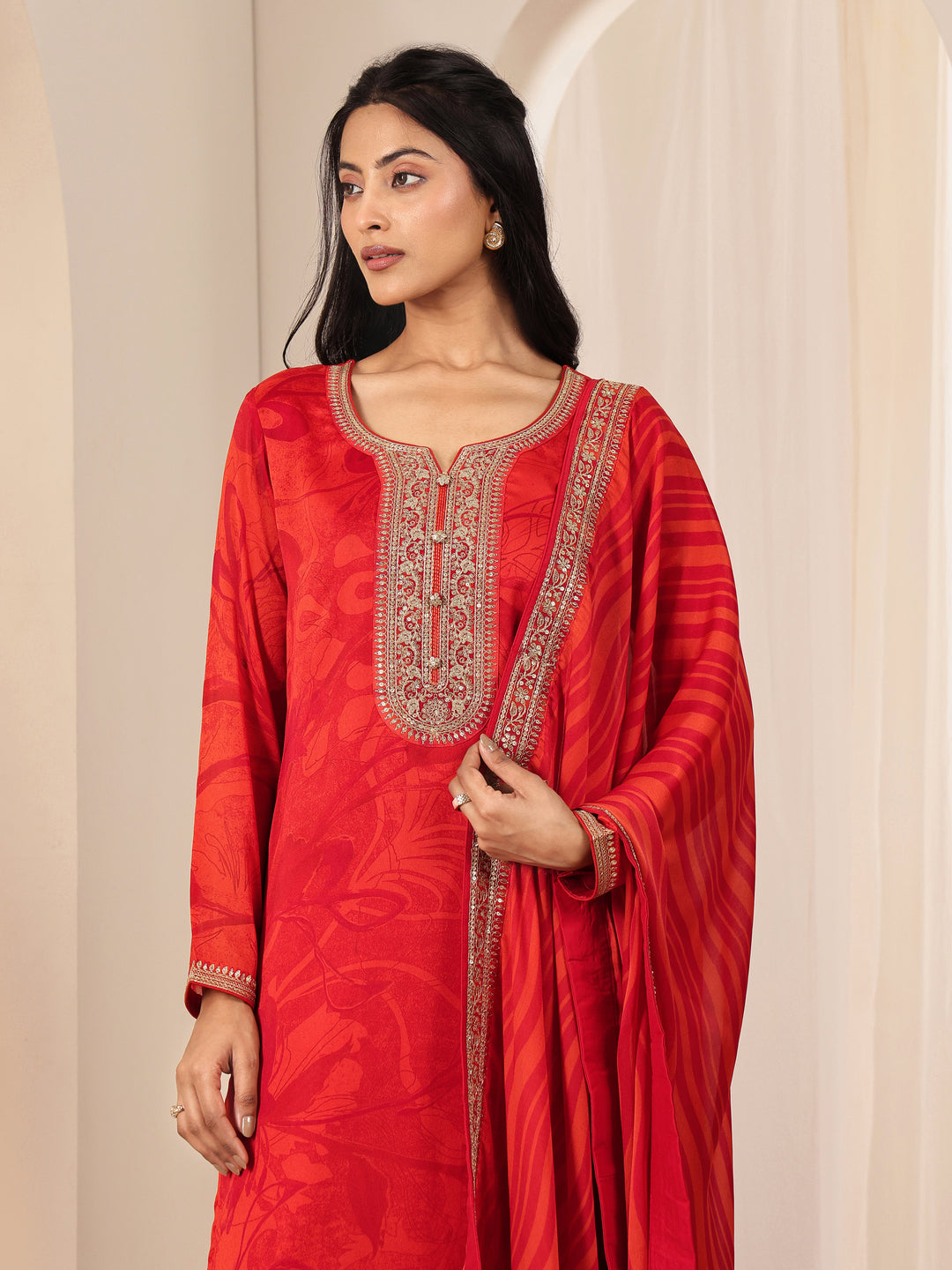  Orange Printed Silk Blend Straight Suit Sets With Dupatta 
