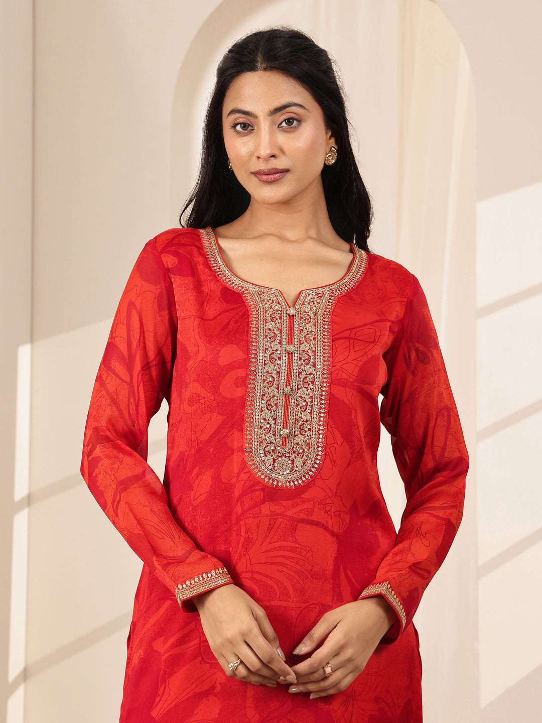  Orange Printed Silk Blend Straight Suit Sets With Dupatta 