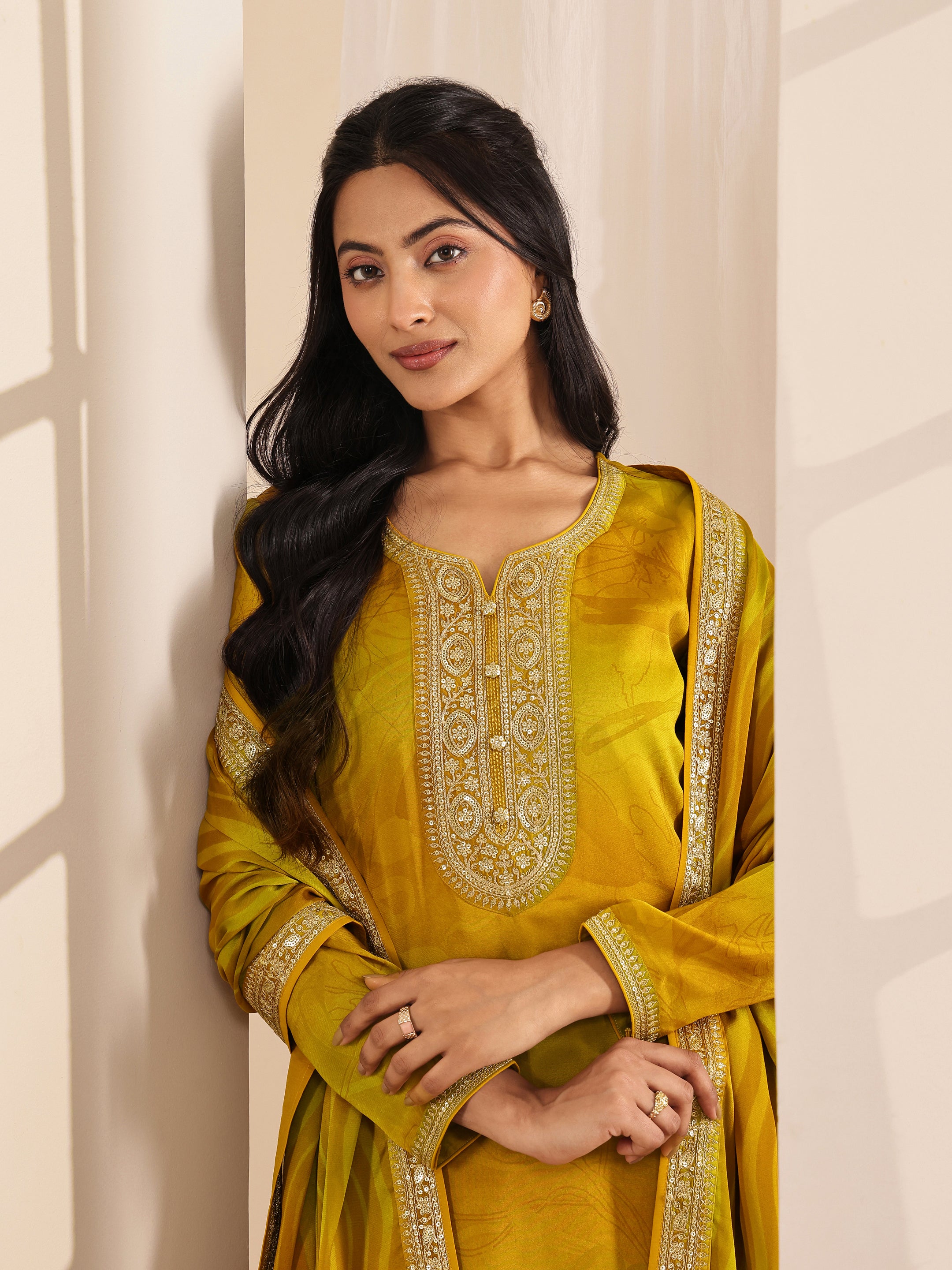 libas Mustard Printed Silk Blend Straight Suit Sets With Dupatta-picture-18