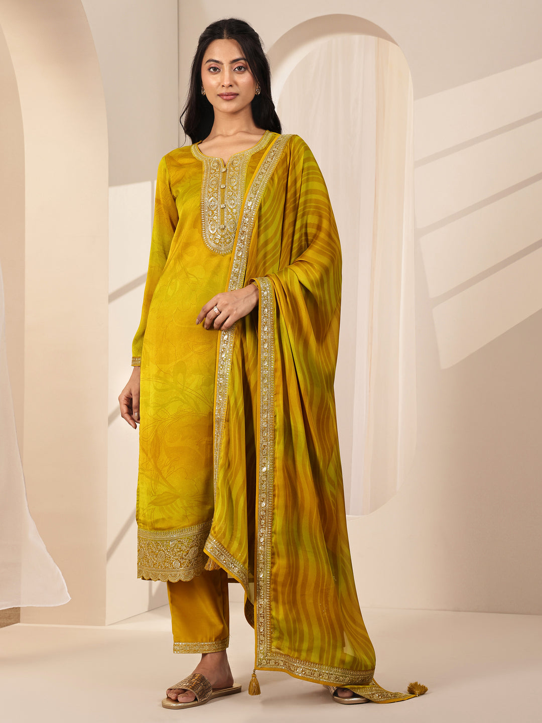  Mustard Printed Silk Blend Straight Suit Sets With Dupatta 