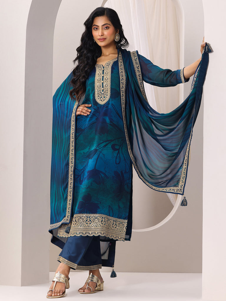 Libas Teal Printed Silk Chiffon Straight Suit Set With Dupatta
