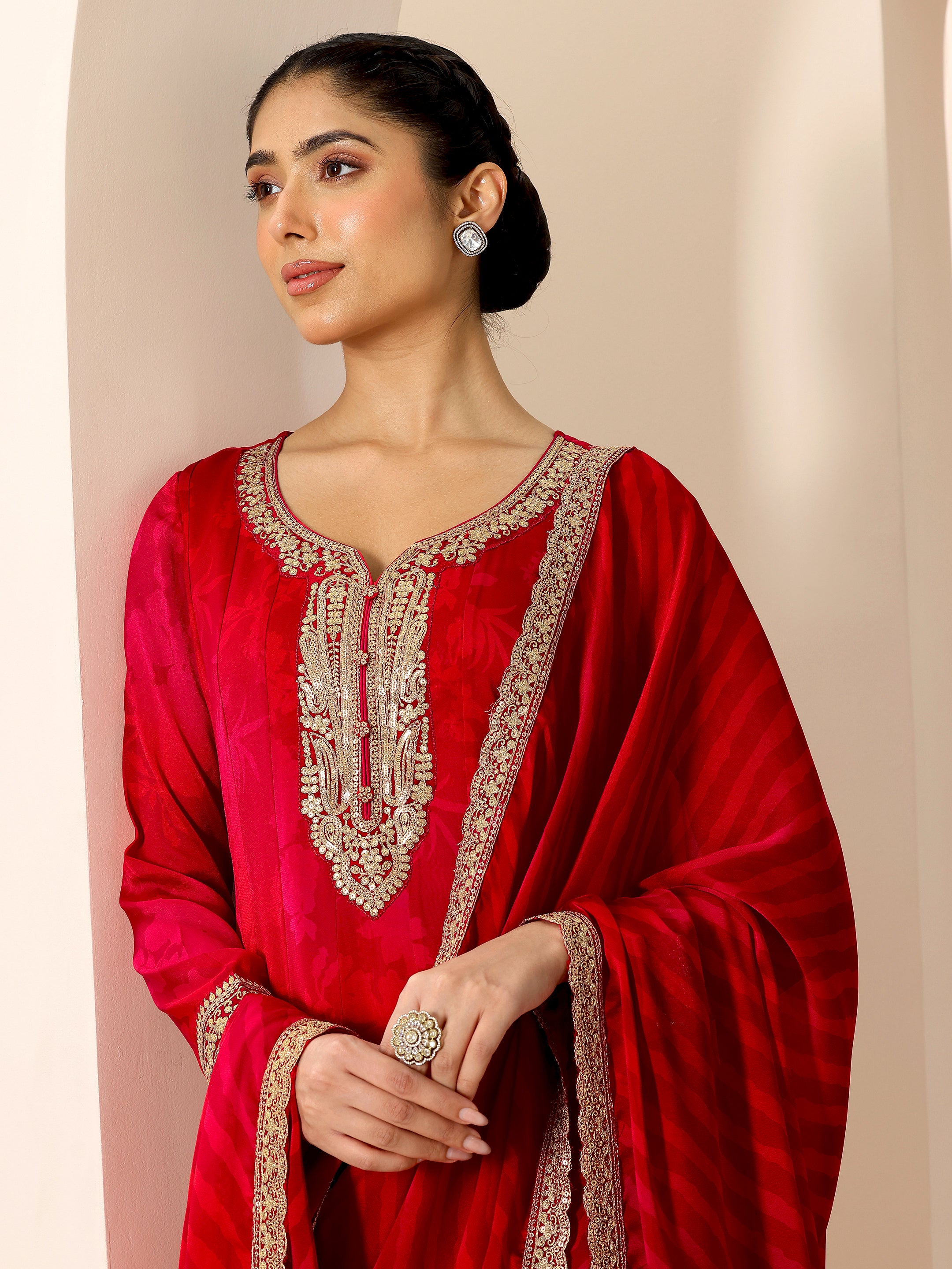 libas Red Printed Silk Chiffon Anarkali Suit Set With Dupatta-picture-18