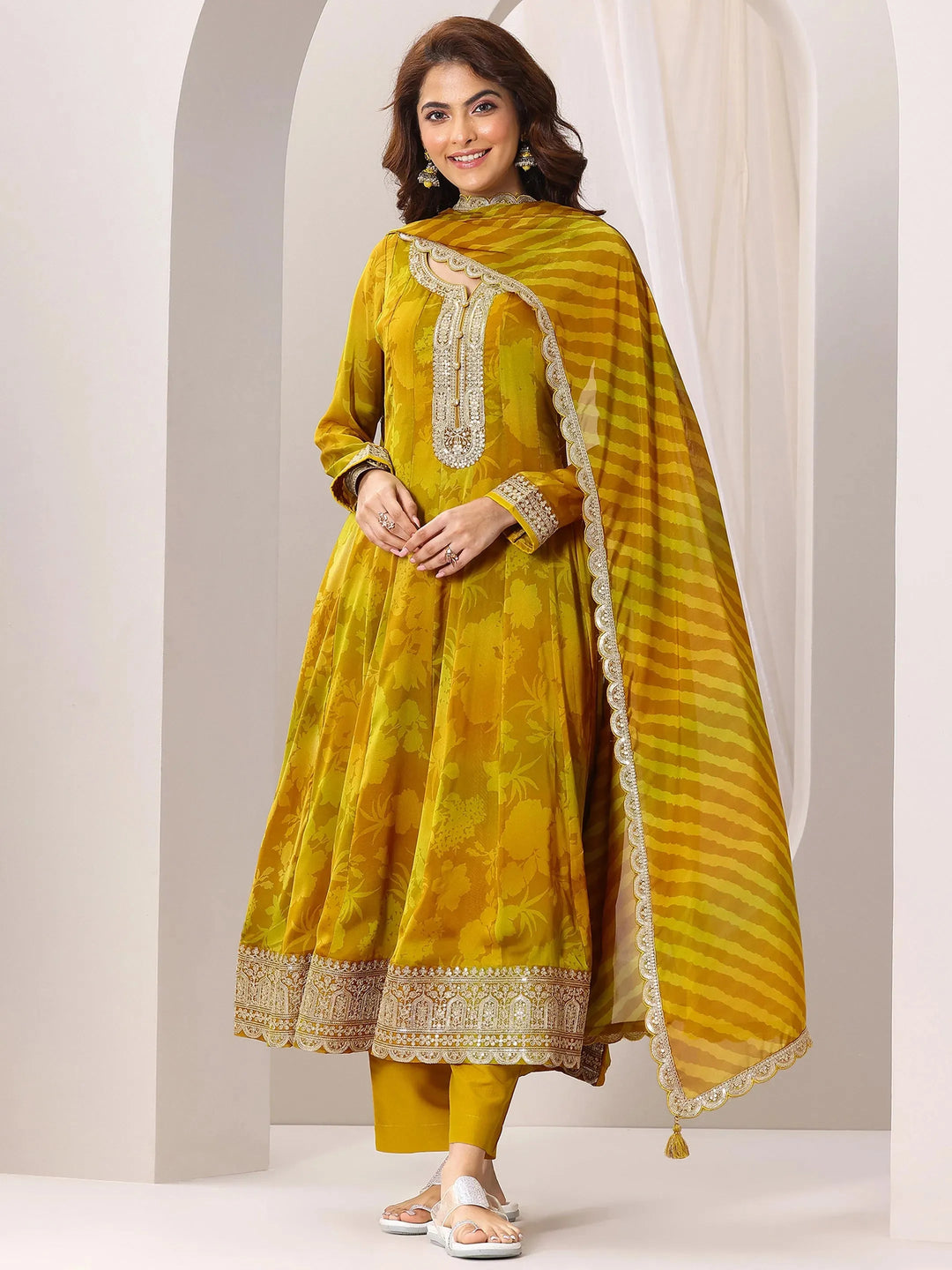  Mustard Printed Silk Chiffon Anarkali Suit Set With Dupatta 