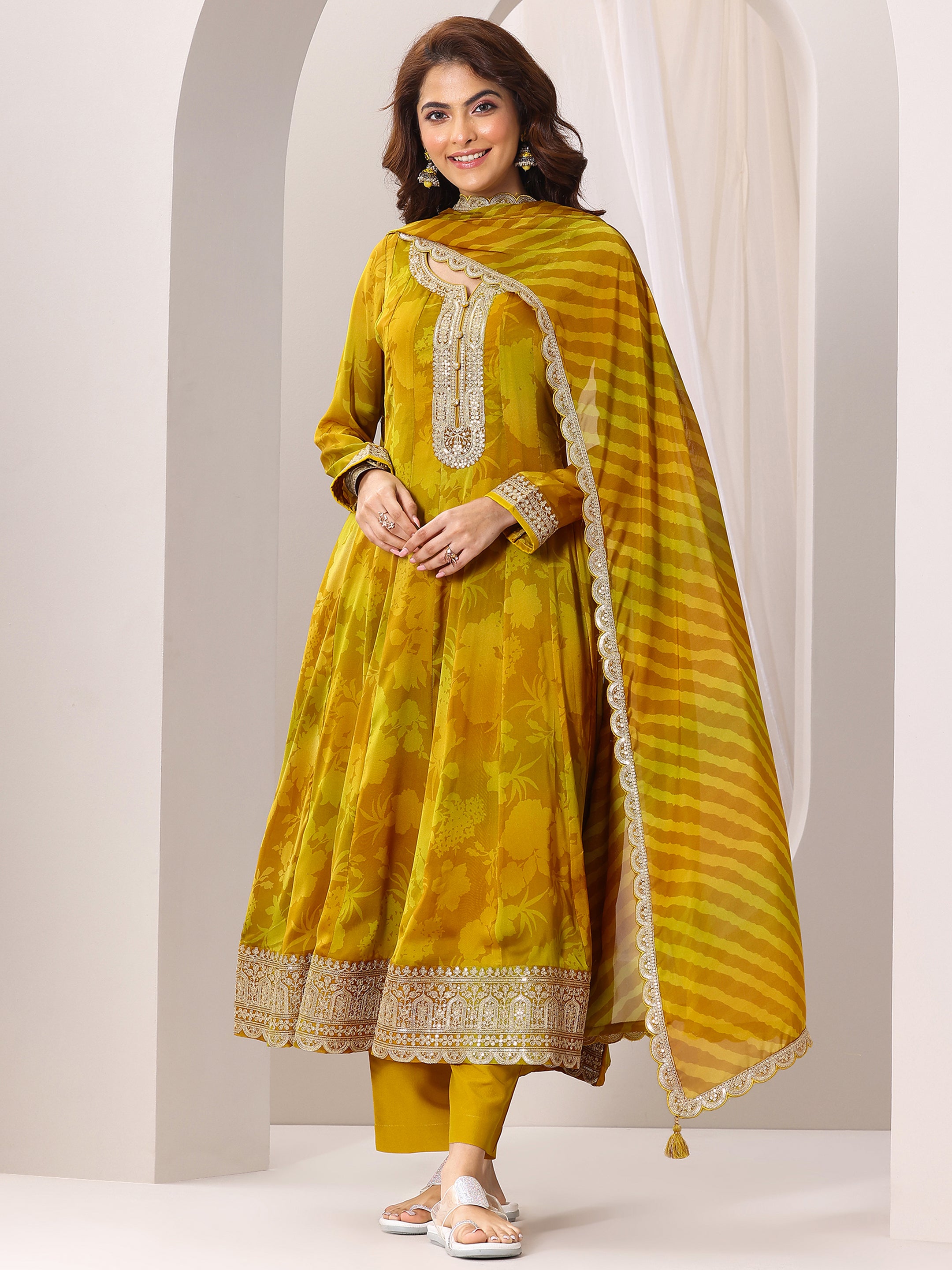 libas Mustard Printed Silk Chiffon Anarkali Suit Set With Dupatta-picture-30