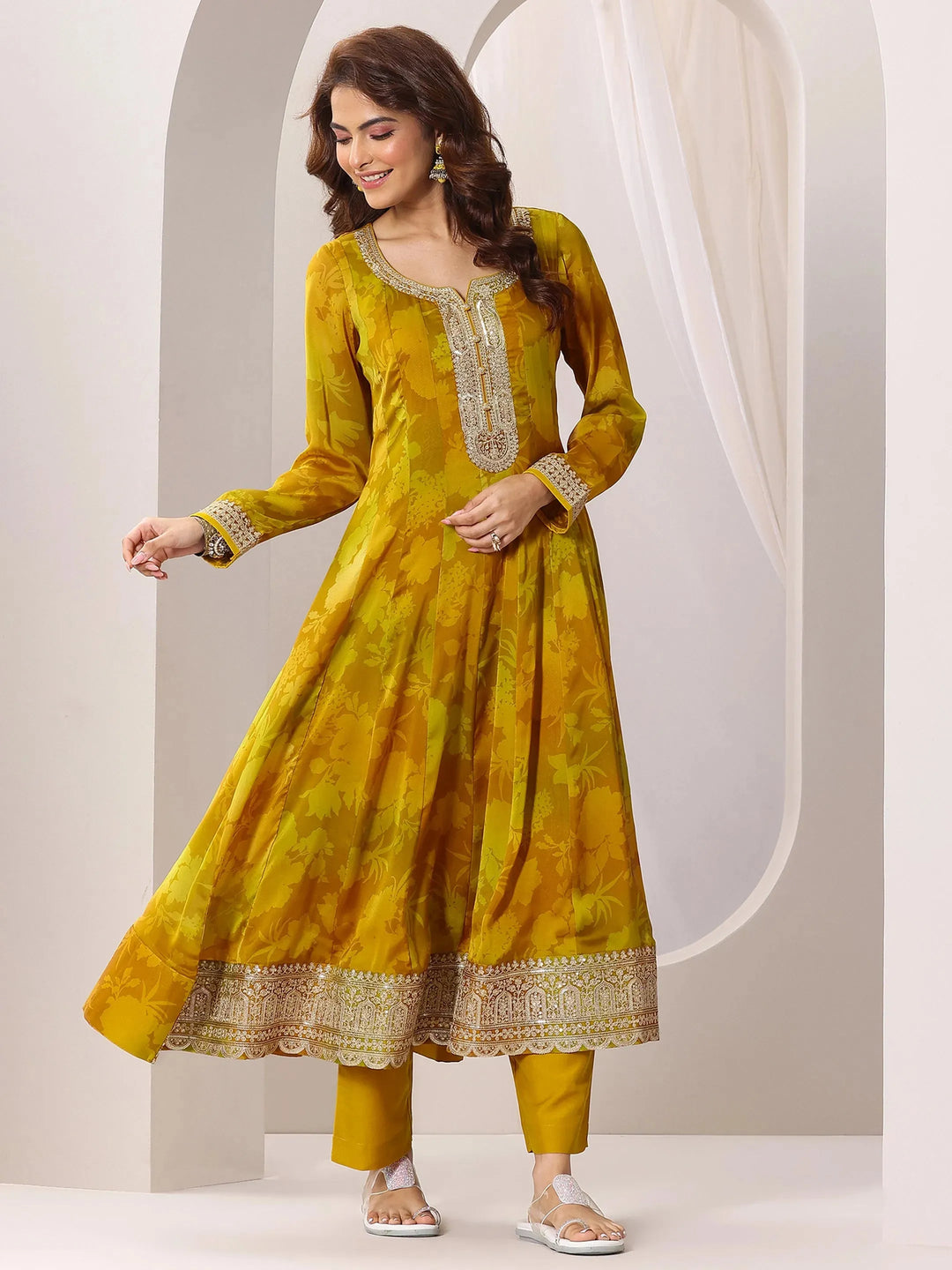  Mustard Printed Silk Chiffon Anarkali Suit Set With Dupatta 