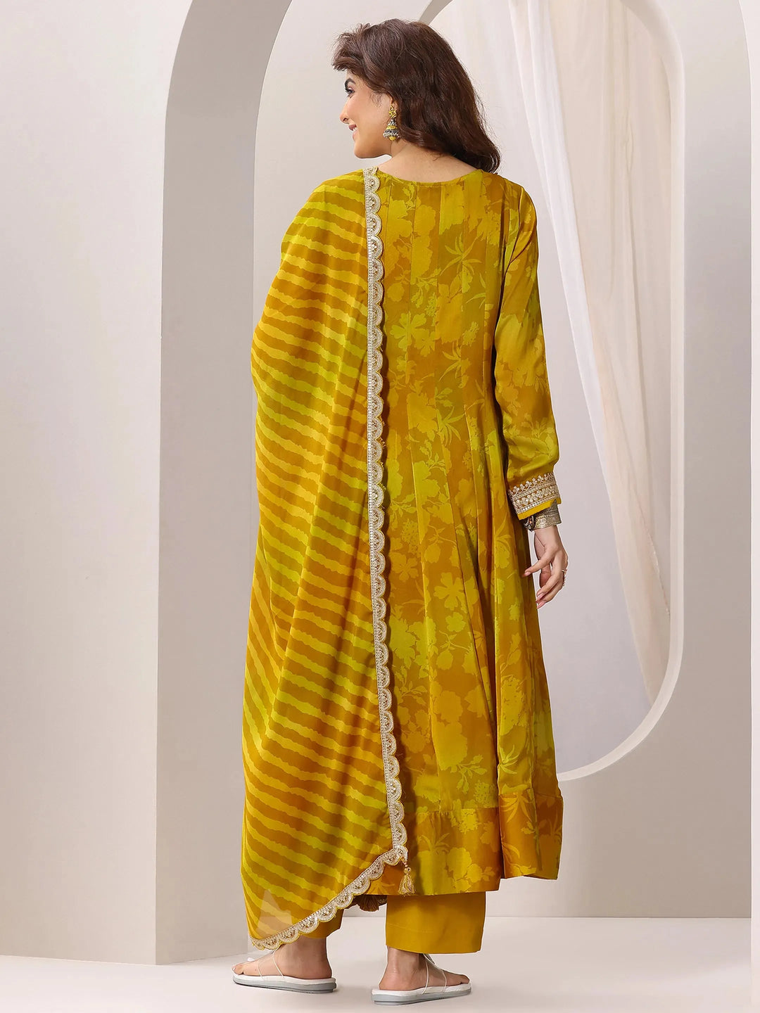  Mustard Printed Silk Chiffon Anarkali Suit Set With Dupatta 