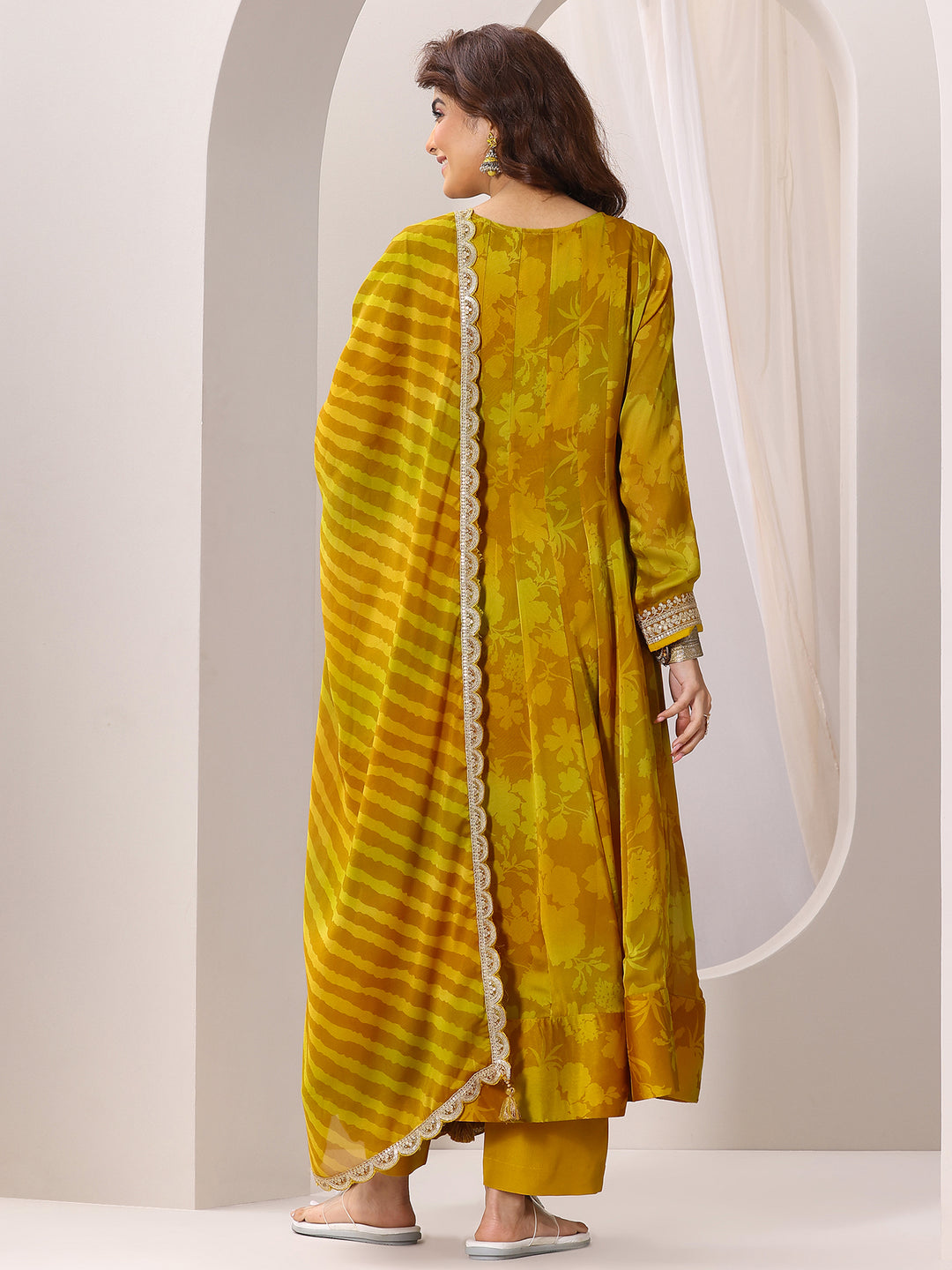  Mustard Printed Silk Chiffon Anarkali Suit Set With Dupatta 