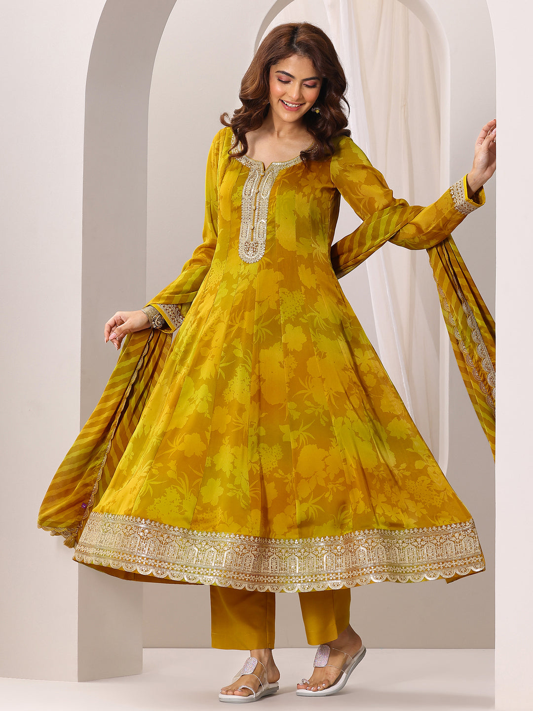  Mustard Printed Silk Chiffon Anarkali Suit Set With Dupatta 