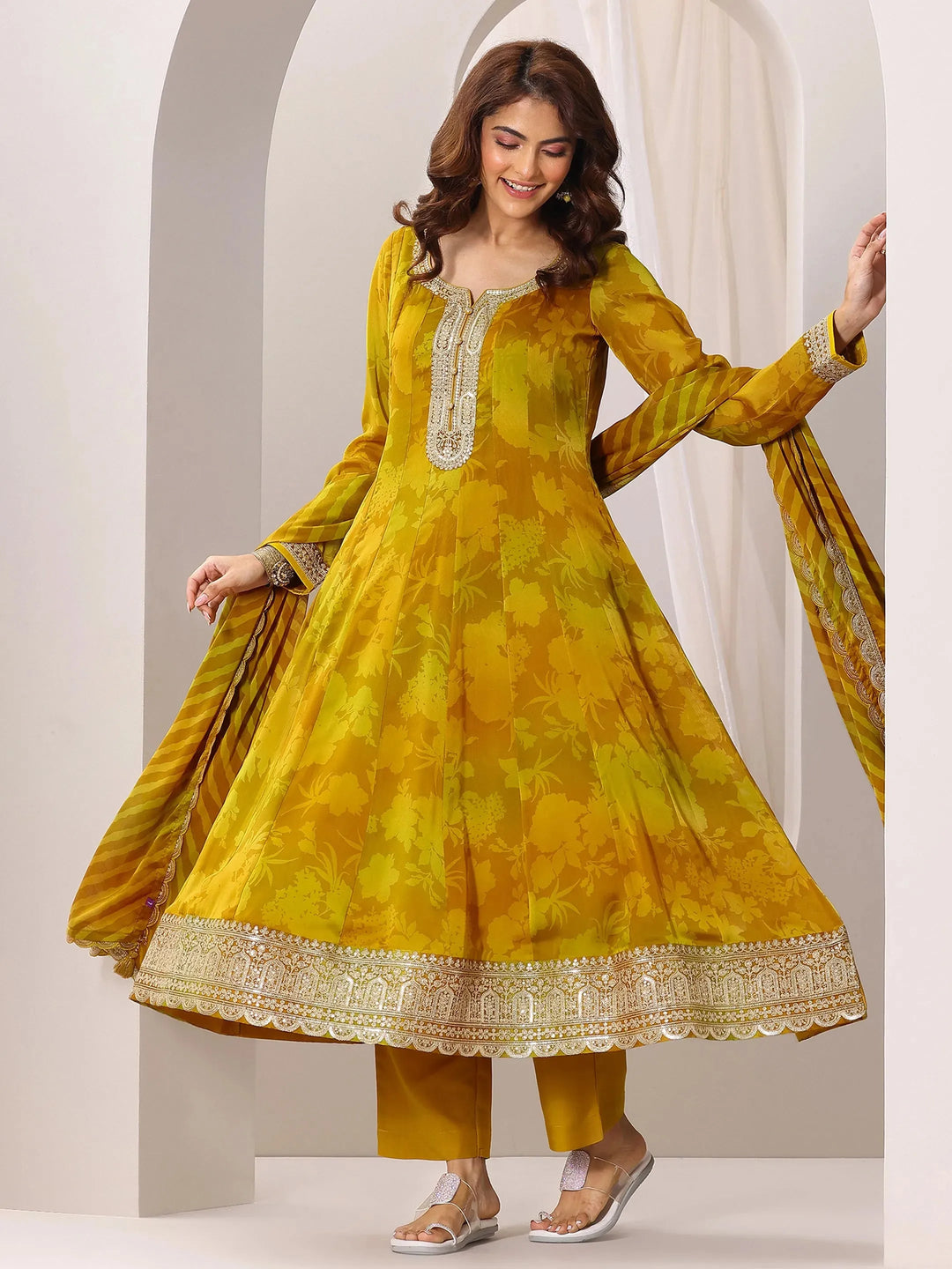  Mustard Printed Silk Chiffon Anarkali Suit Set With Dupatta 