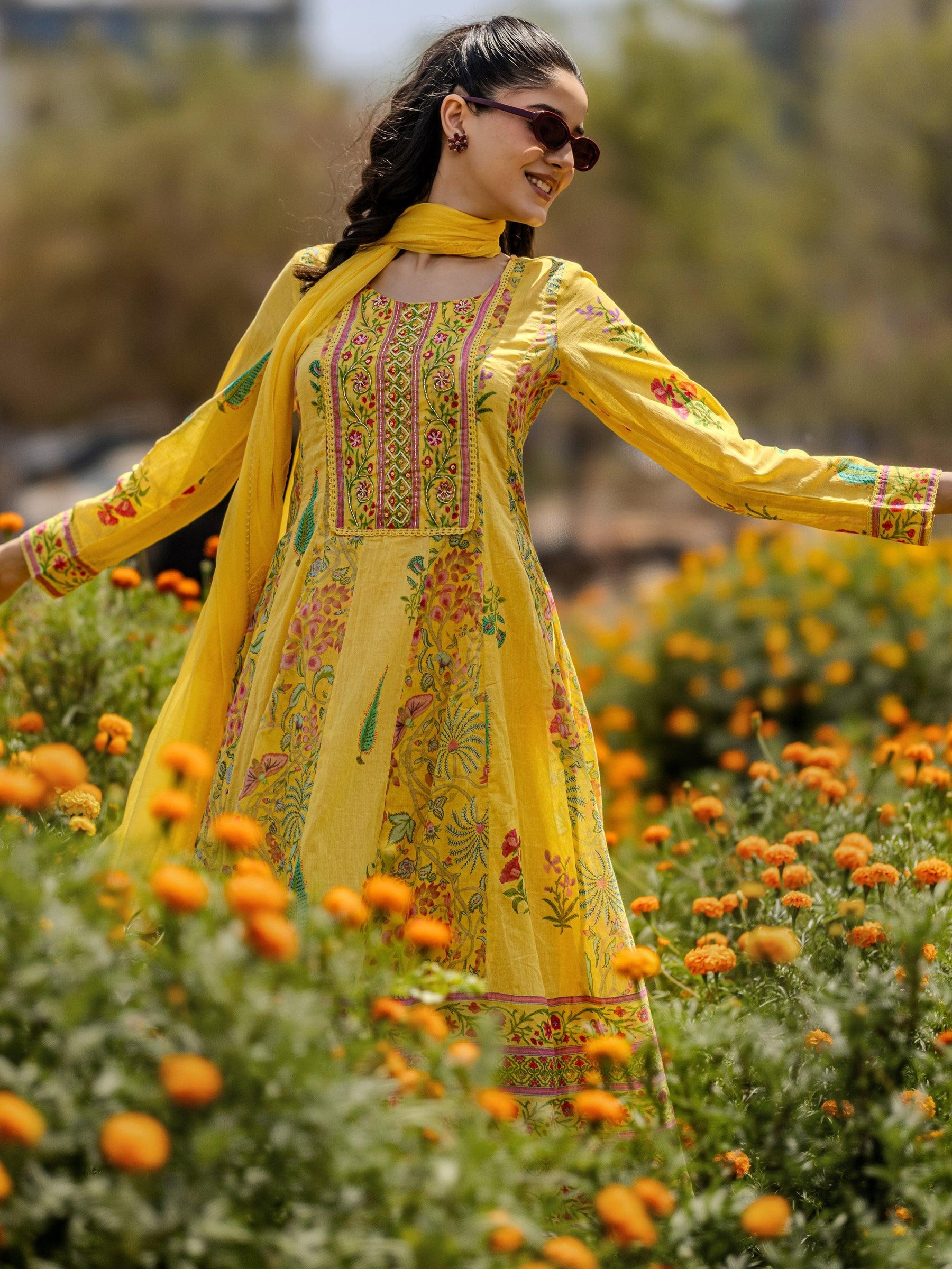 Yellow Printed Cotton Anarkali Suit Set With Dupatta