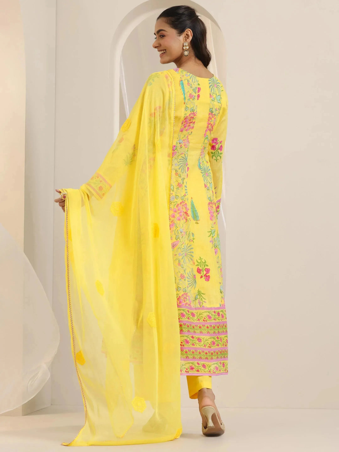  Yellow Printed Cotton Anarkali Suit Set With Dupatta 