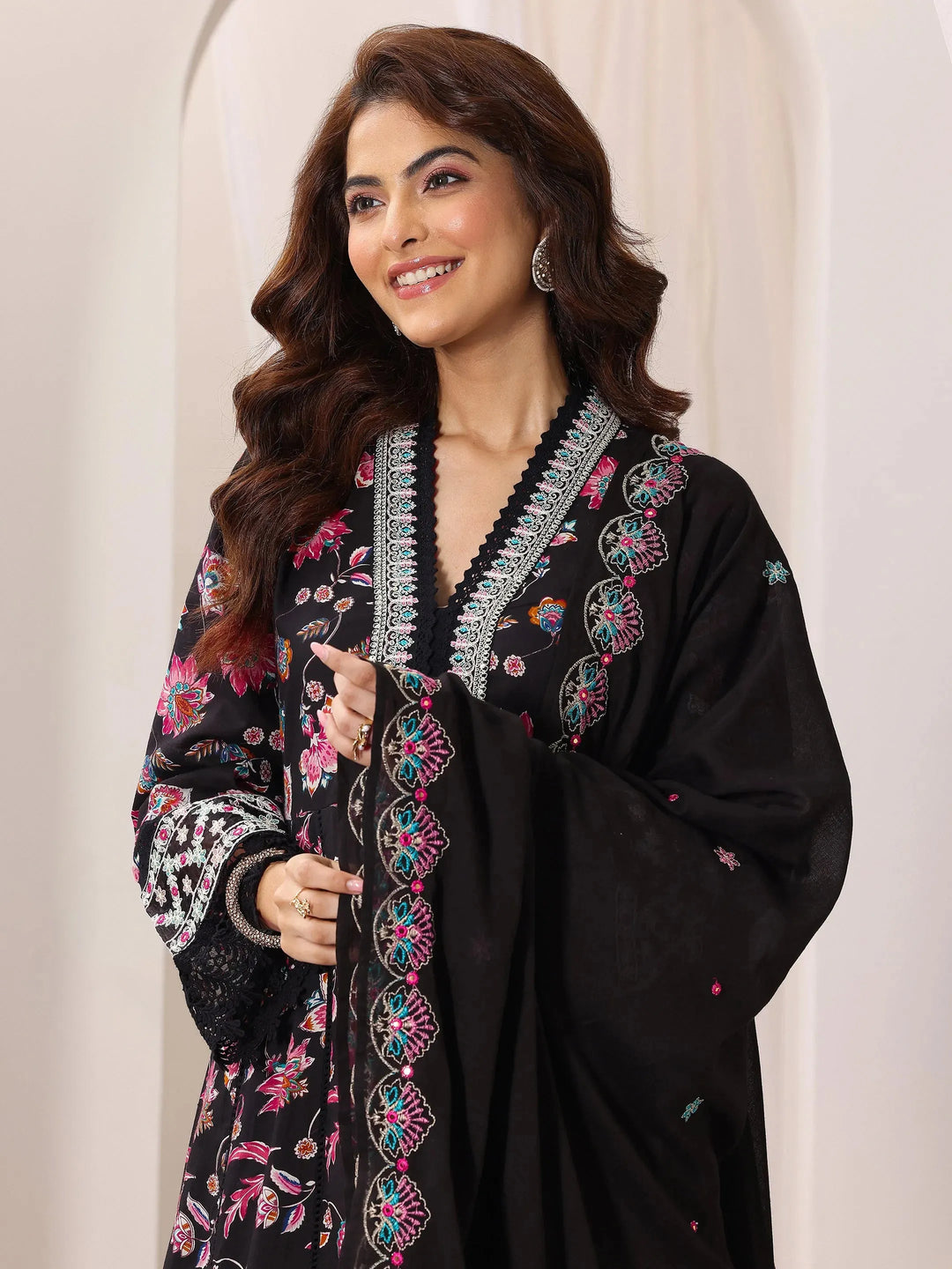 Buy Libas Black Printed Cotton Anarkali Suit Set With Dupatta Online at Rs.2469