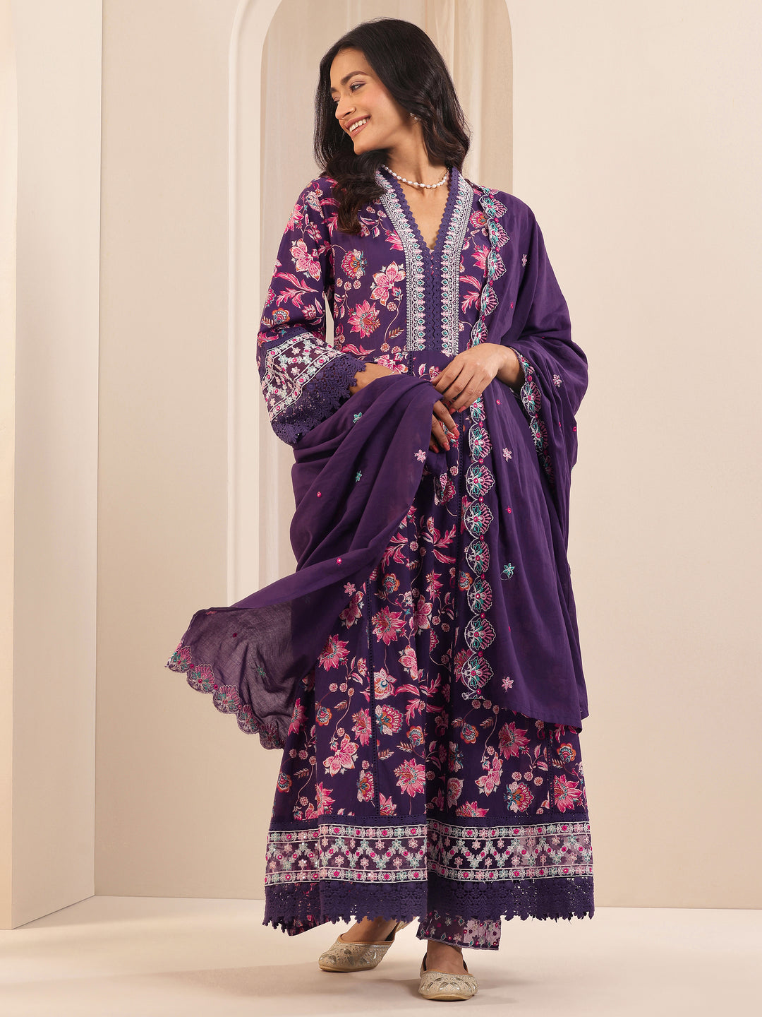  Purple Printed Cotton Anarkali Suit Sets With Dupatta 