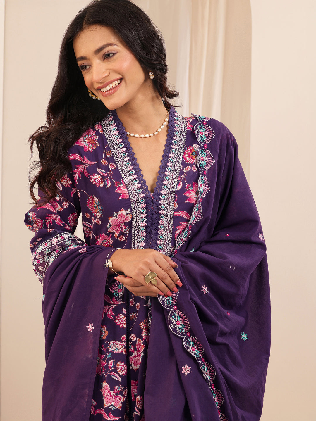  Purple Printed Cotton Anarkali Suit Sets With Dupatta 