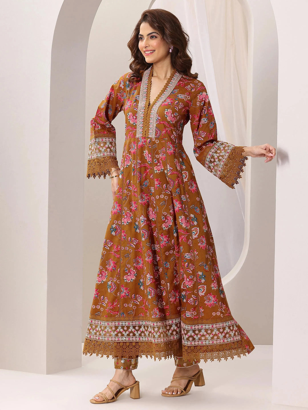 Mustard Printed Cotton Anarkali Suit Set With Dupatta