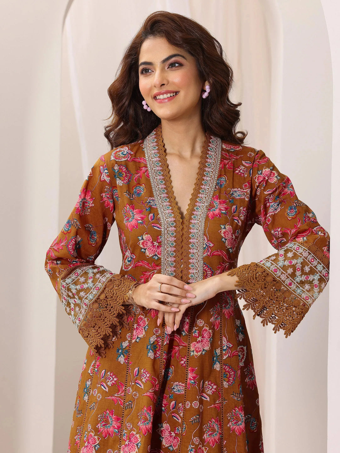  Mustard Printed Cotton Anarkali Suit Set With Dupatta 