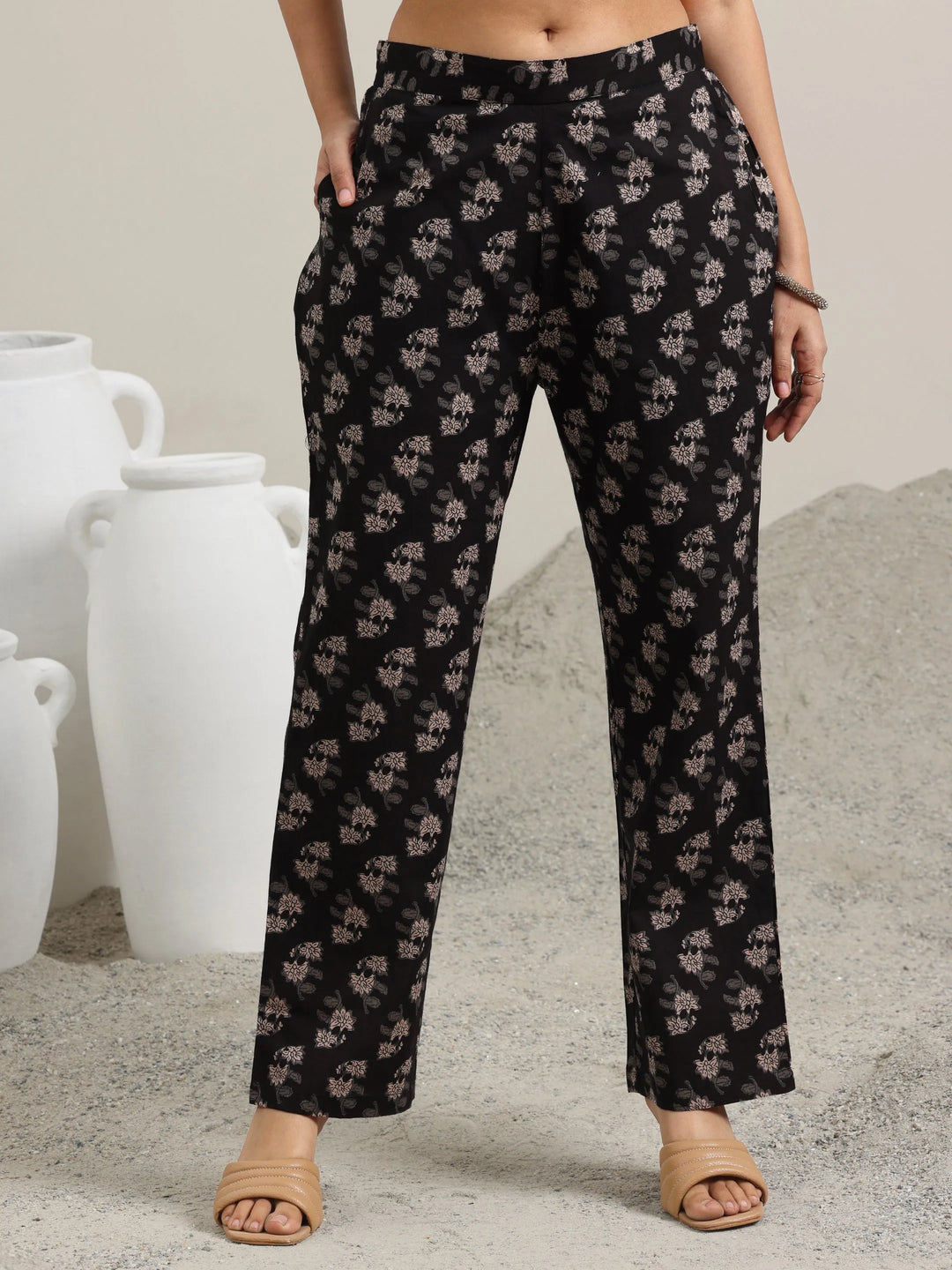  Black Printed Cotton Anarkali Kurta With Trousers 
