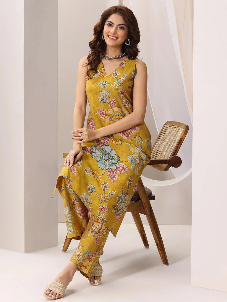 Libas Mustard Printed Silk Blend Straight Kurta Set