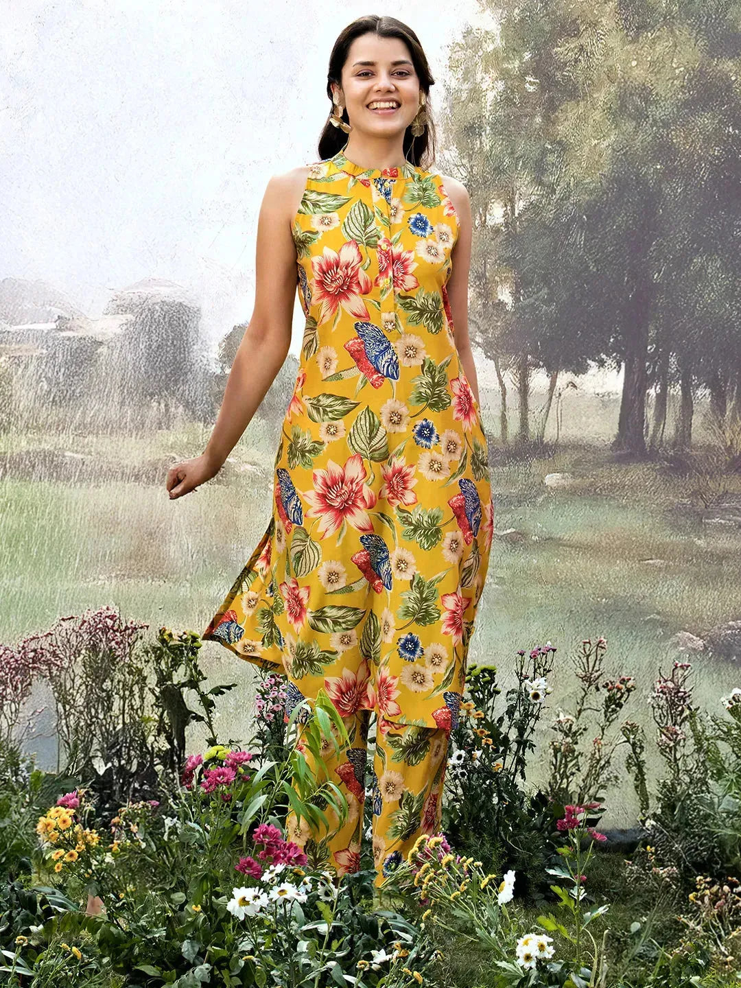 libas Mustard Printed Silk Blend A-line Kurta Set-picture-39
