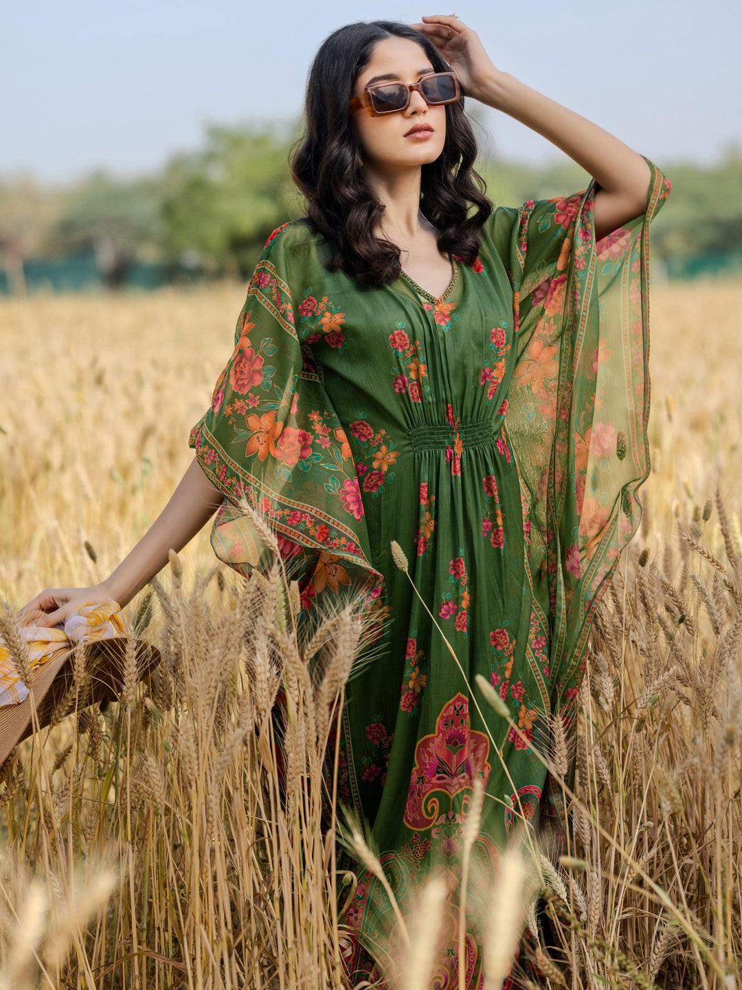  Green Printed Chiffon Kaftan Kurta Set 