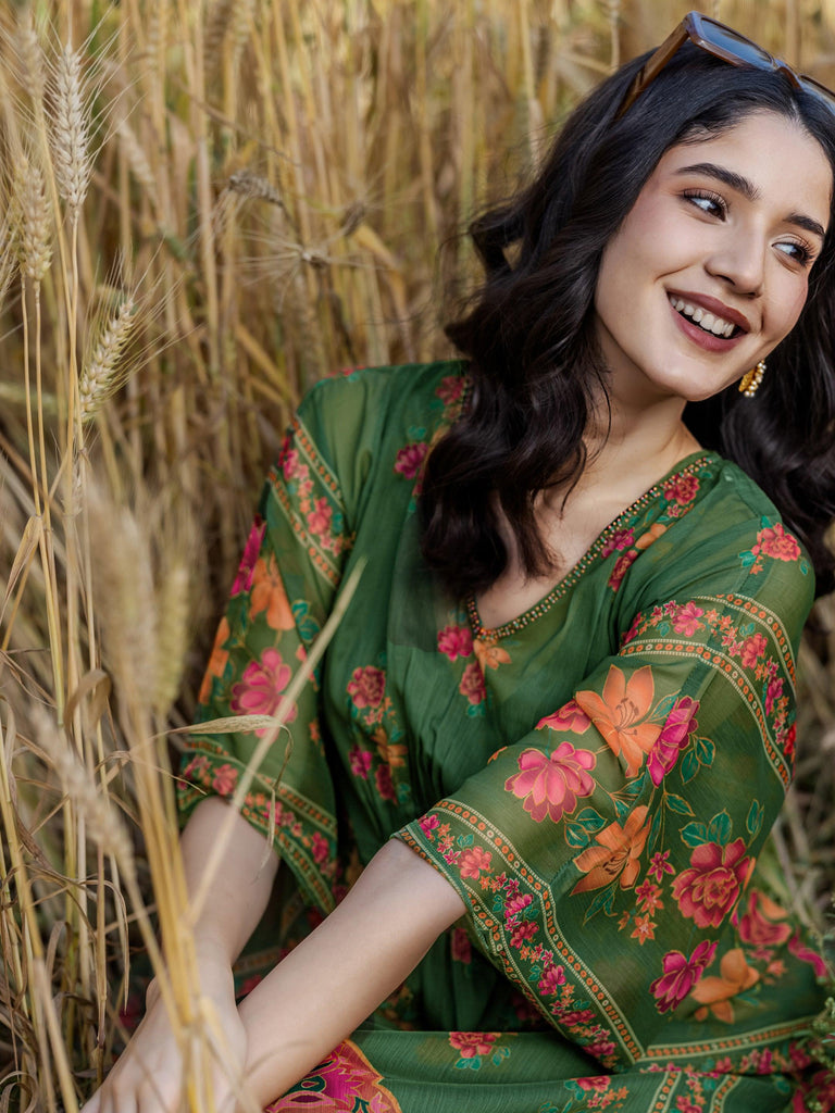 Libas Green Printed Chiffon Kaftan Kurta Set
