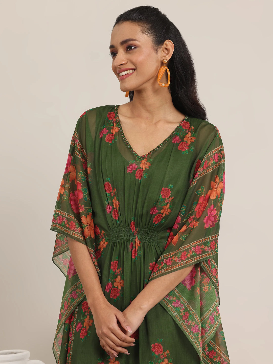  Green Printed Chiffon Kaftan Kurta Set 