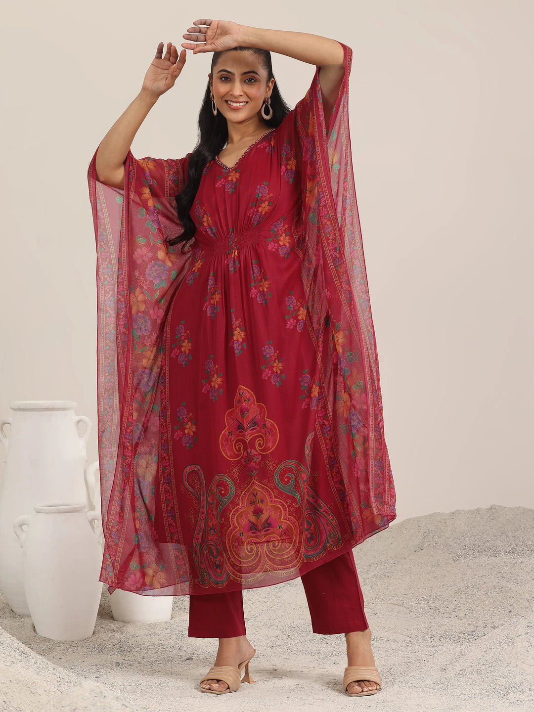  Maroon Printed Chiffon Kaftan Kurta Set 