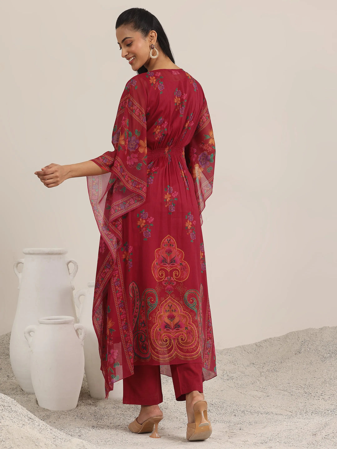  Maroon Printed Chiffon Kaftan Kurta Set 