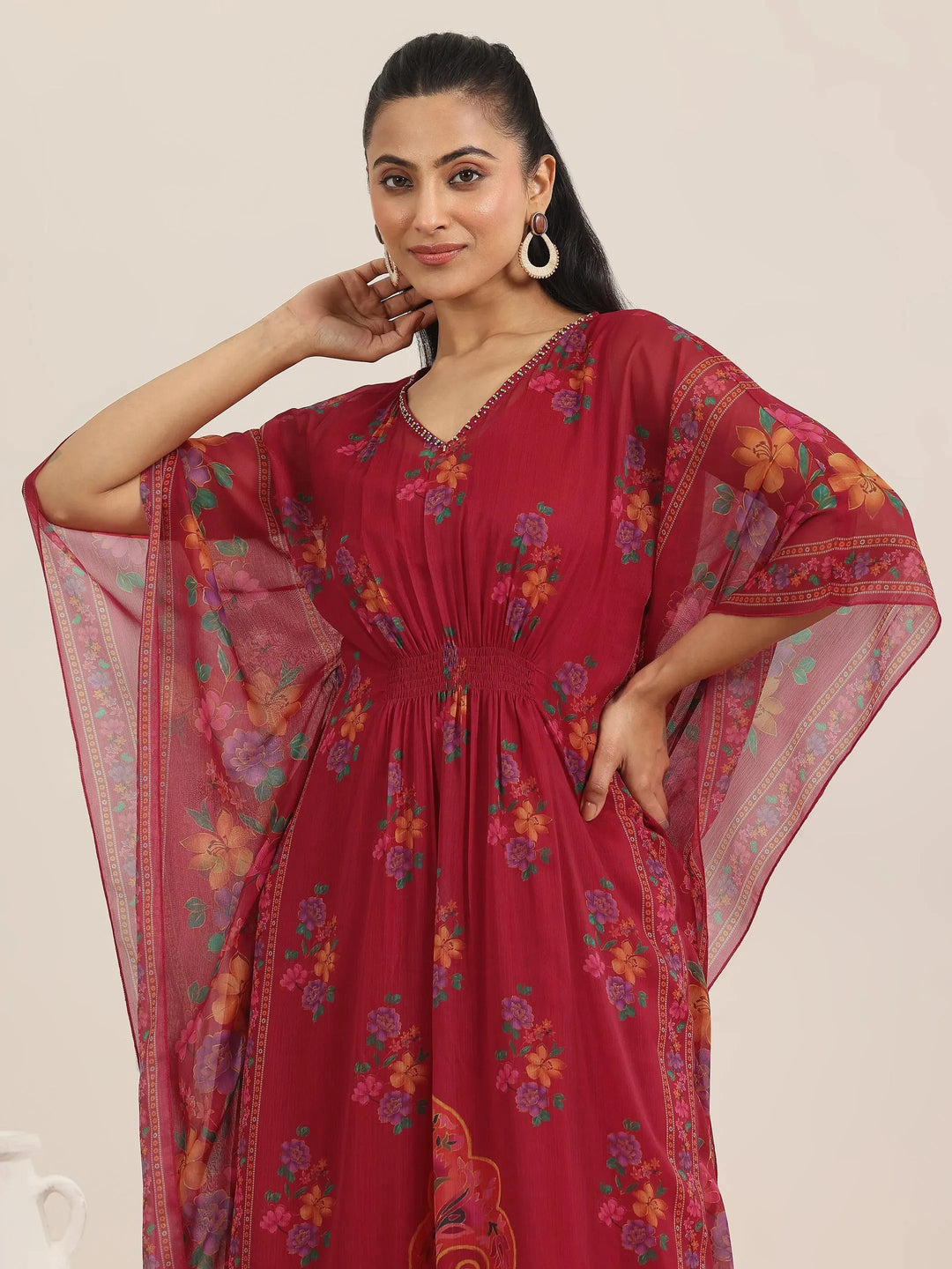  Maroon Printed Chiffon Kaftan Kurta Set 
