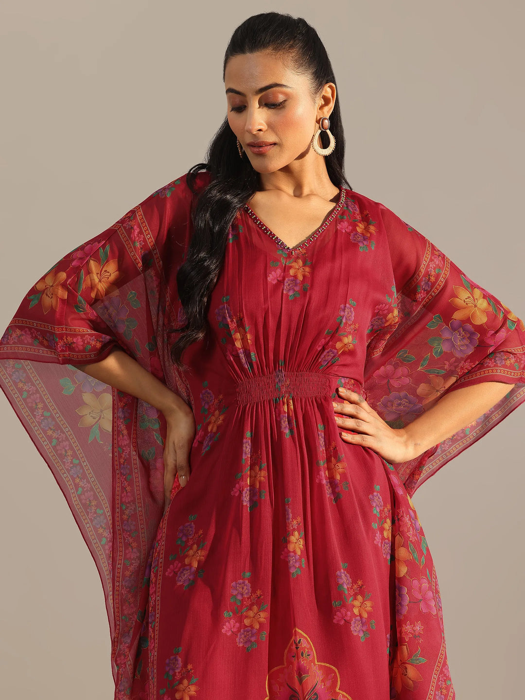  Maroon Printed Chiffon Kaftan Kurta Set 