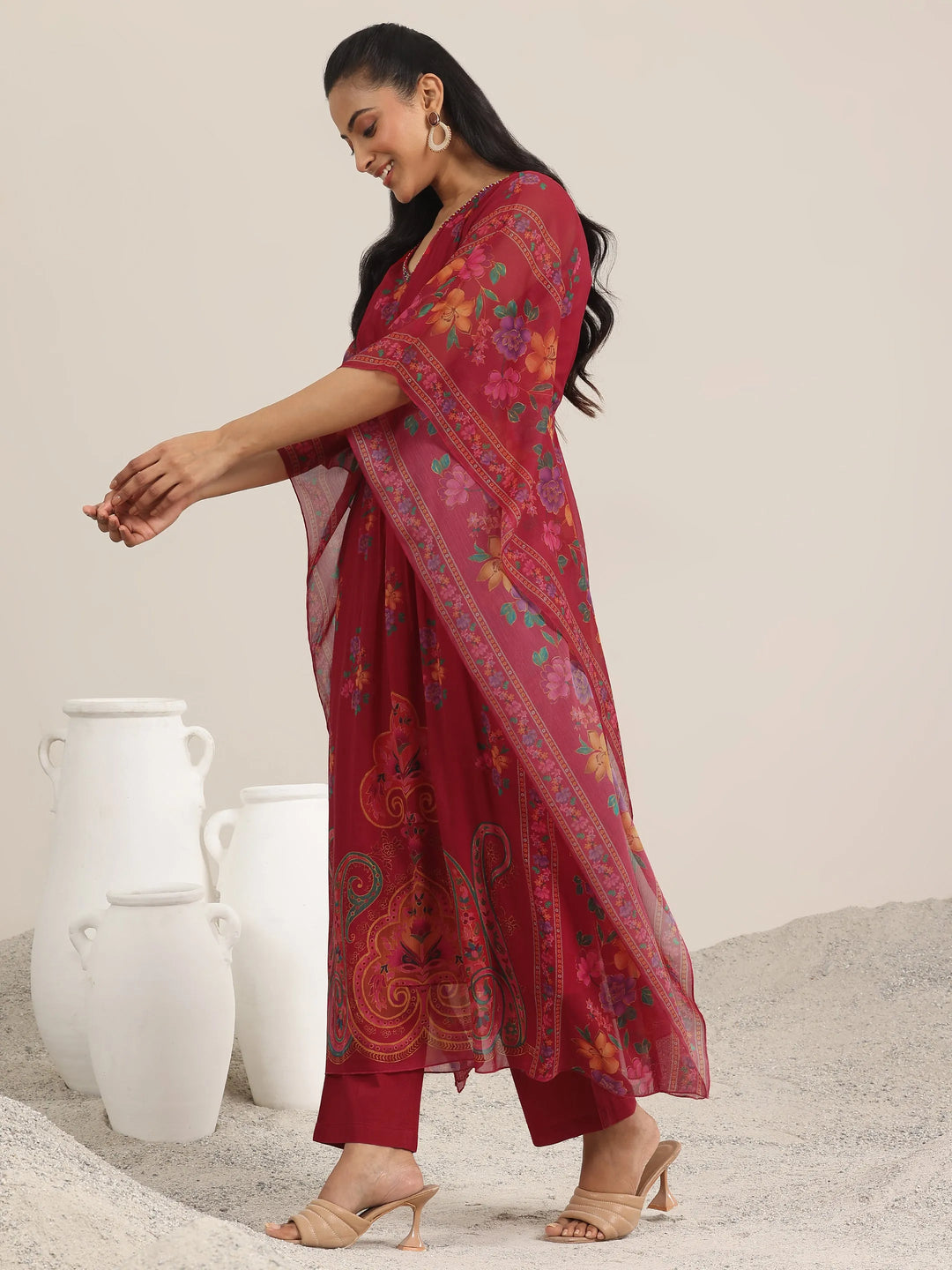  Maroon Printed Chiffon Kaftan Kurta Set 