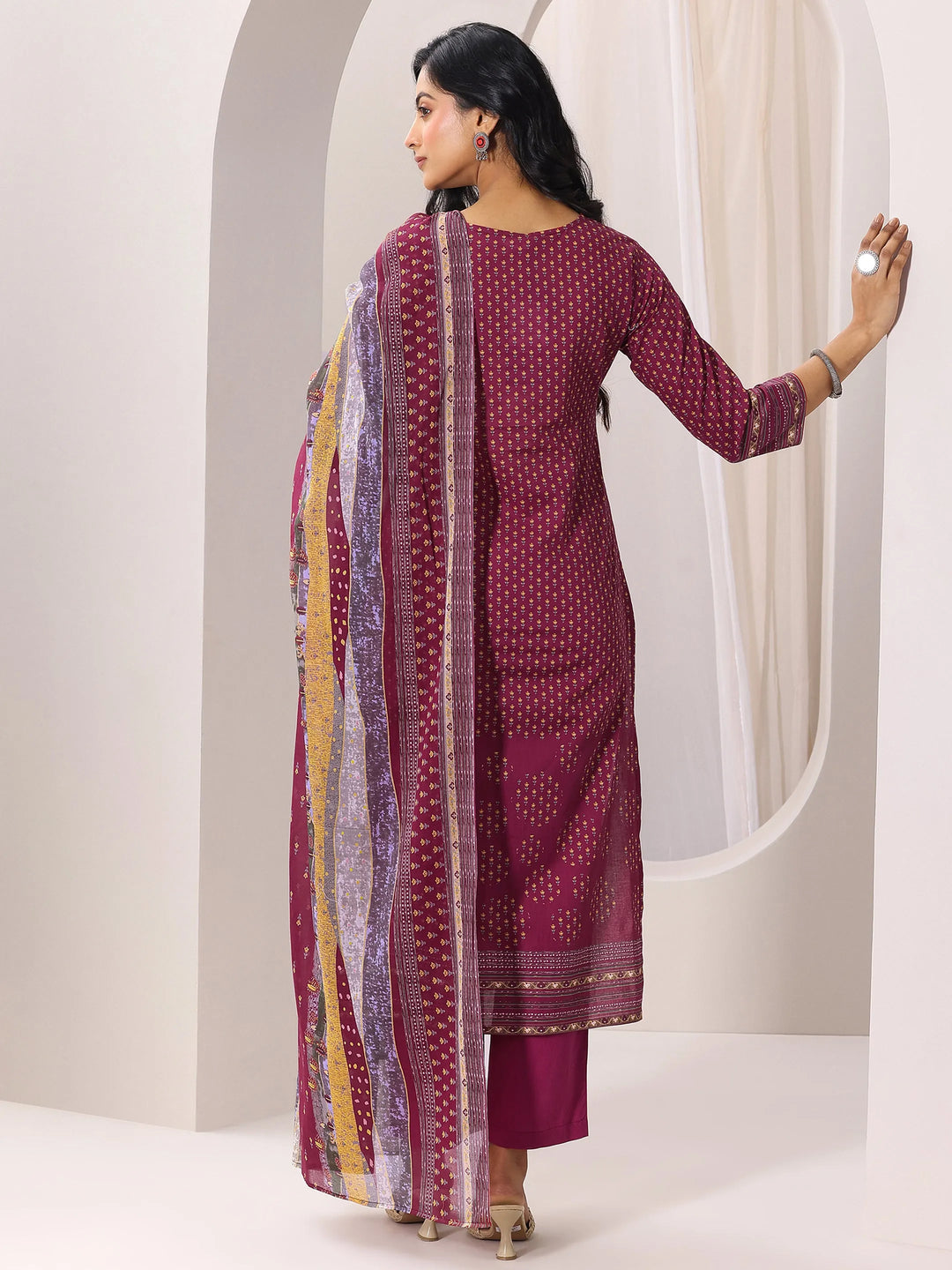  Maroon Printed Cotton Straight Suit Set With Dupatta 