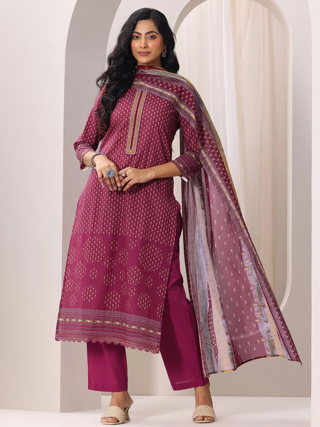  Maroon Printed Cotton Straight Suit Set With Dupatta 