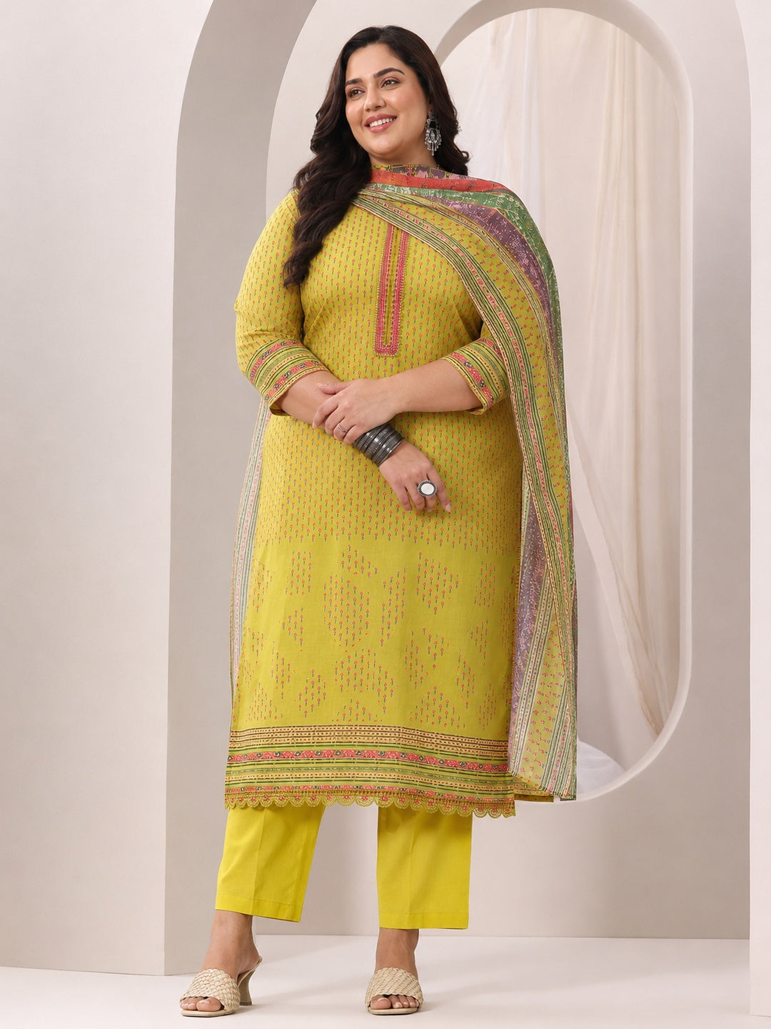 Plus Size Green Floral Printed Cotton Blend Straight Suit Set 