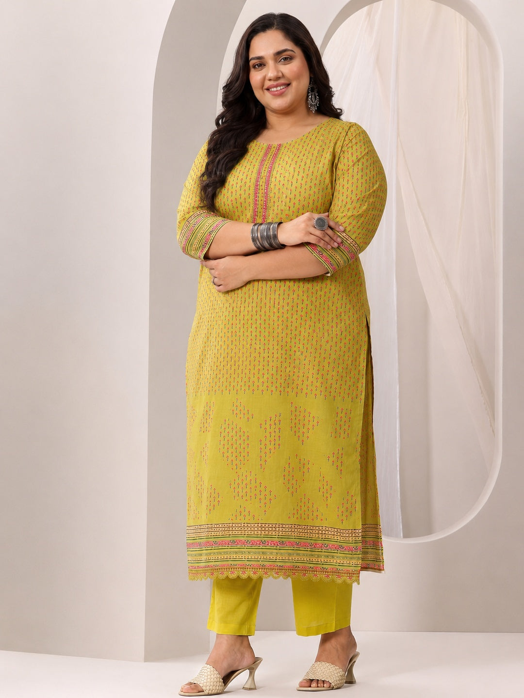  Plus Size Green Floral Printed Cotton Blend Straight Suit Set 