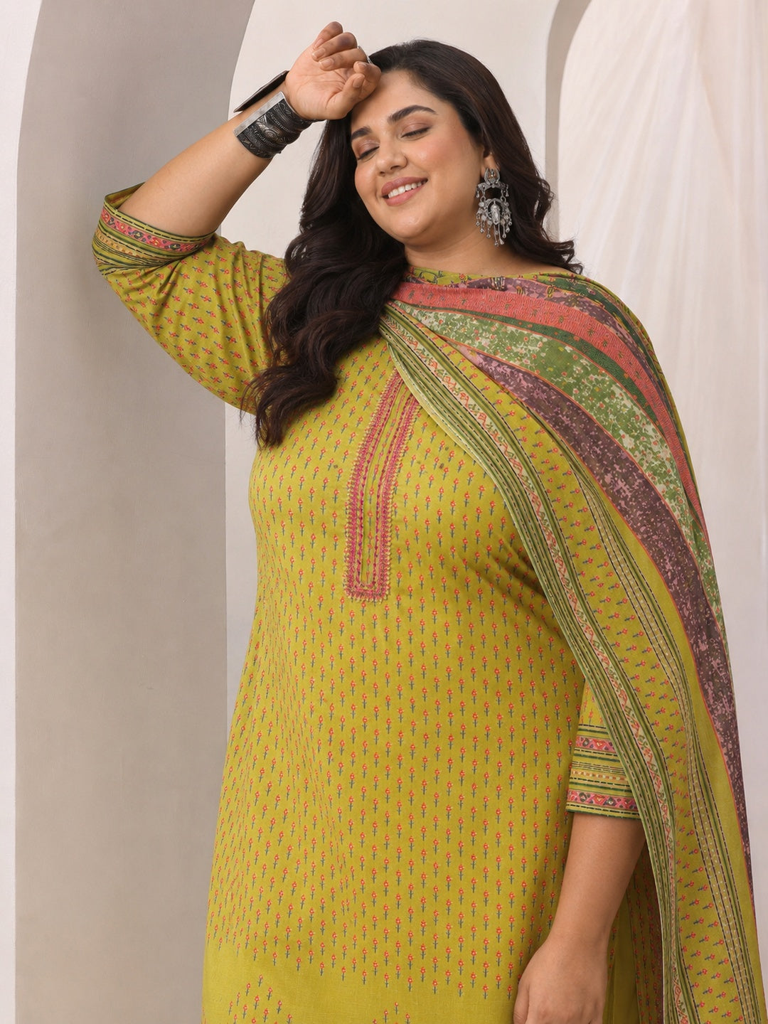  Plus Size Green Floral Printed Cotton Blend Straight Suit Set 