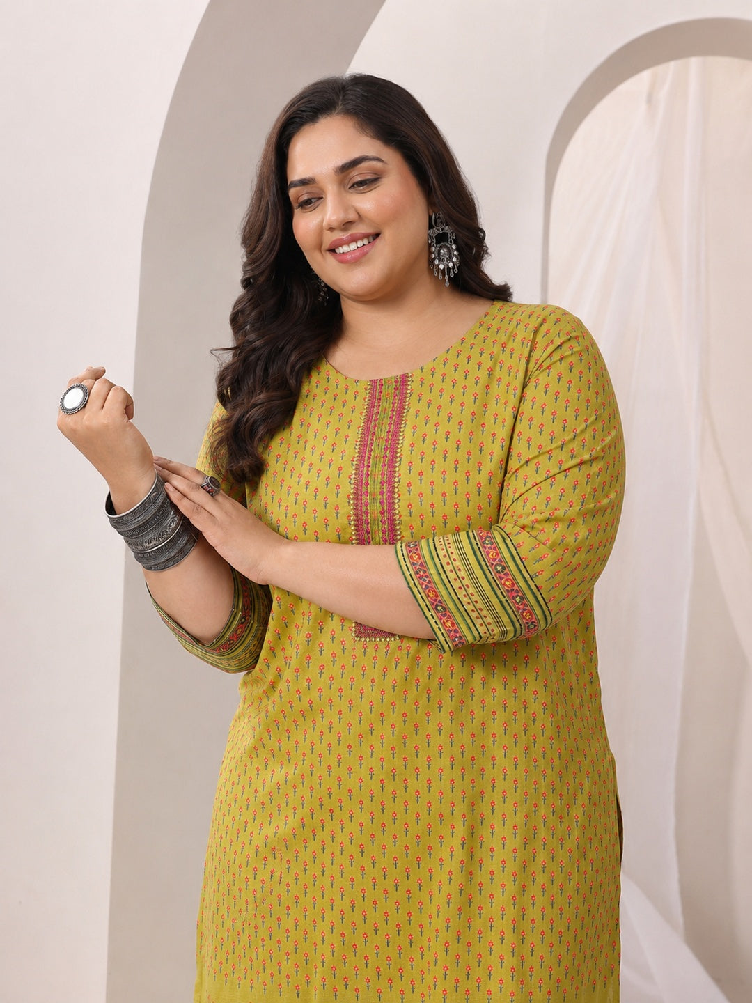  Plus Size Green Floral Printed Cotton Blend Straight Suit Set 