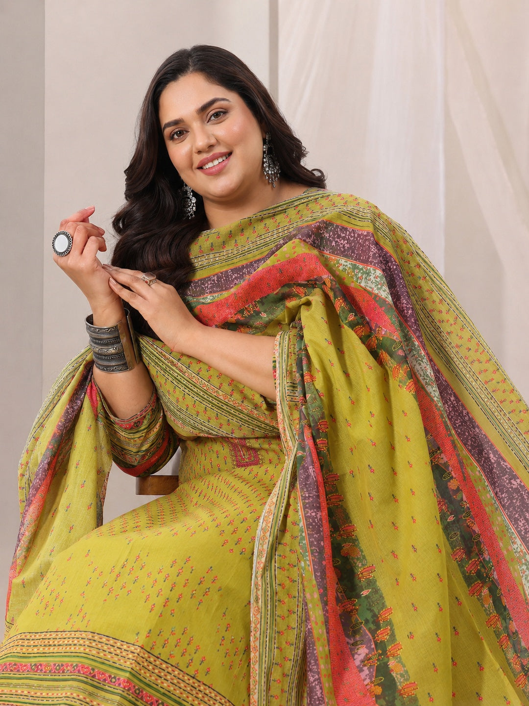 libas Plus Size Green Floral Printed Cotton Blend Straight Suit Set-picture-62