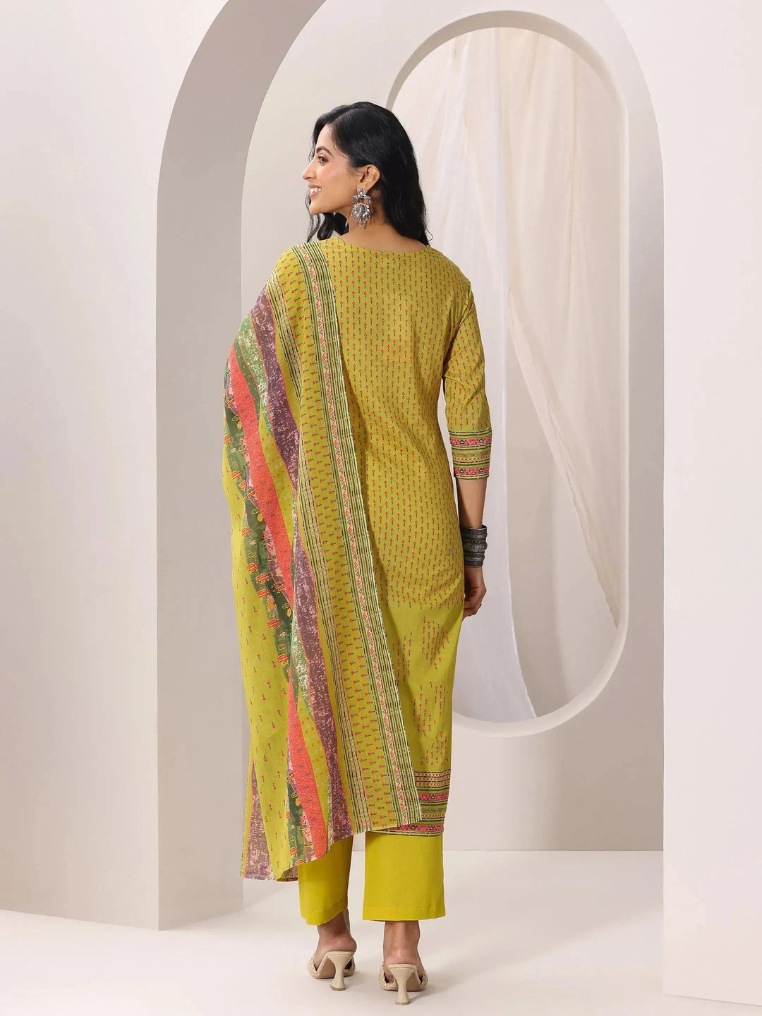  Green Printed Cotton Straight Suit Set With Dupatta 