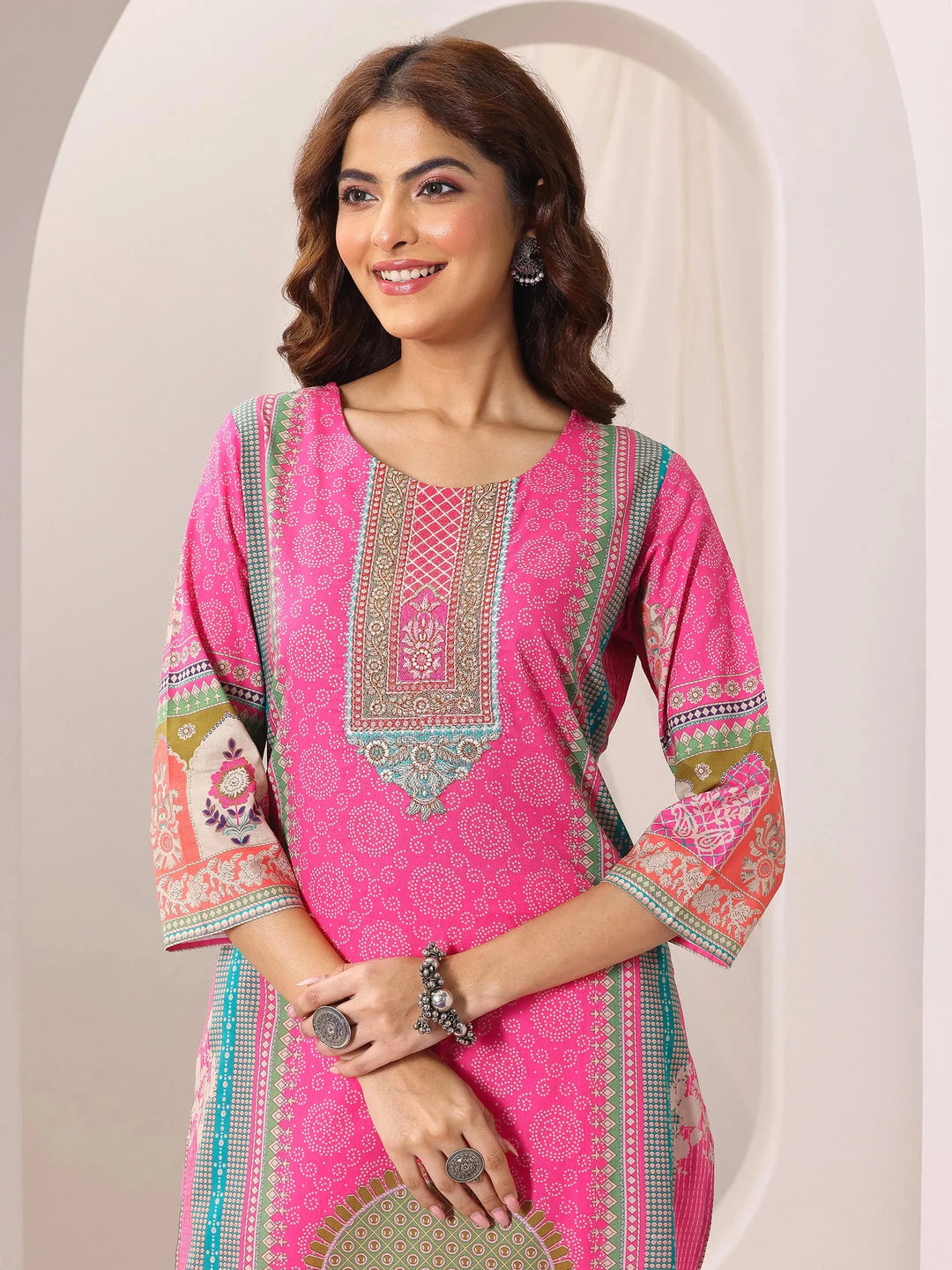  Pink Printed Cotton Straight Suit Set With Dupatta 