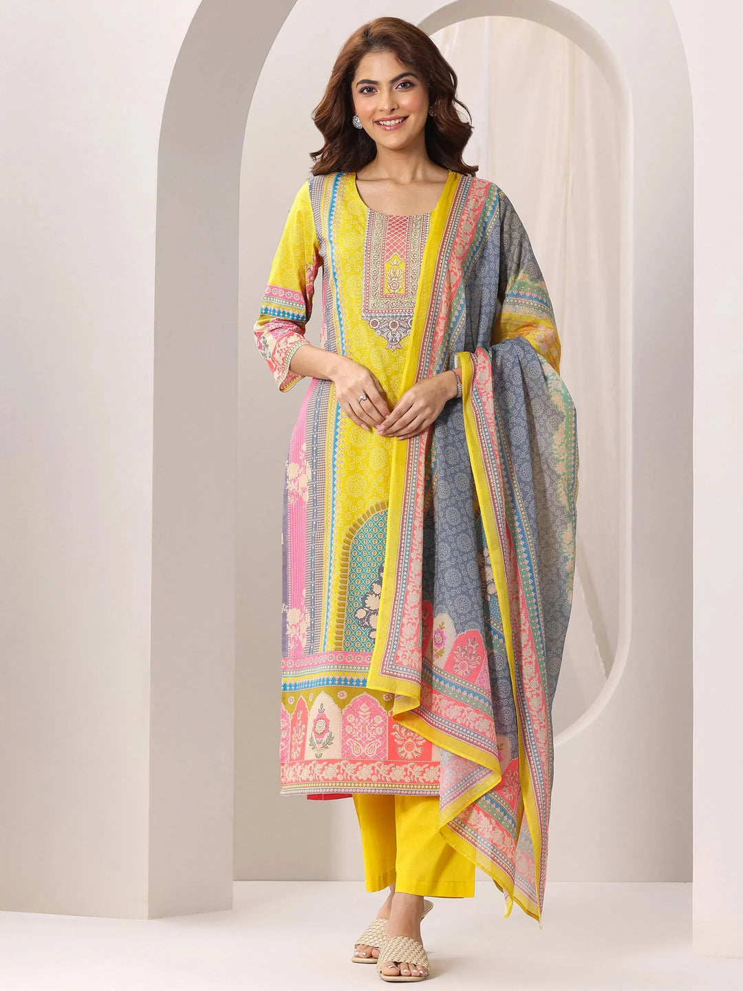  Yellow Printed Cotton Straight Suit Set With Dupatta 