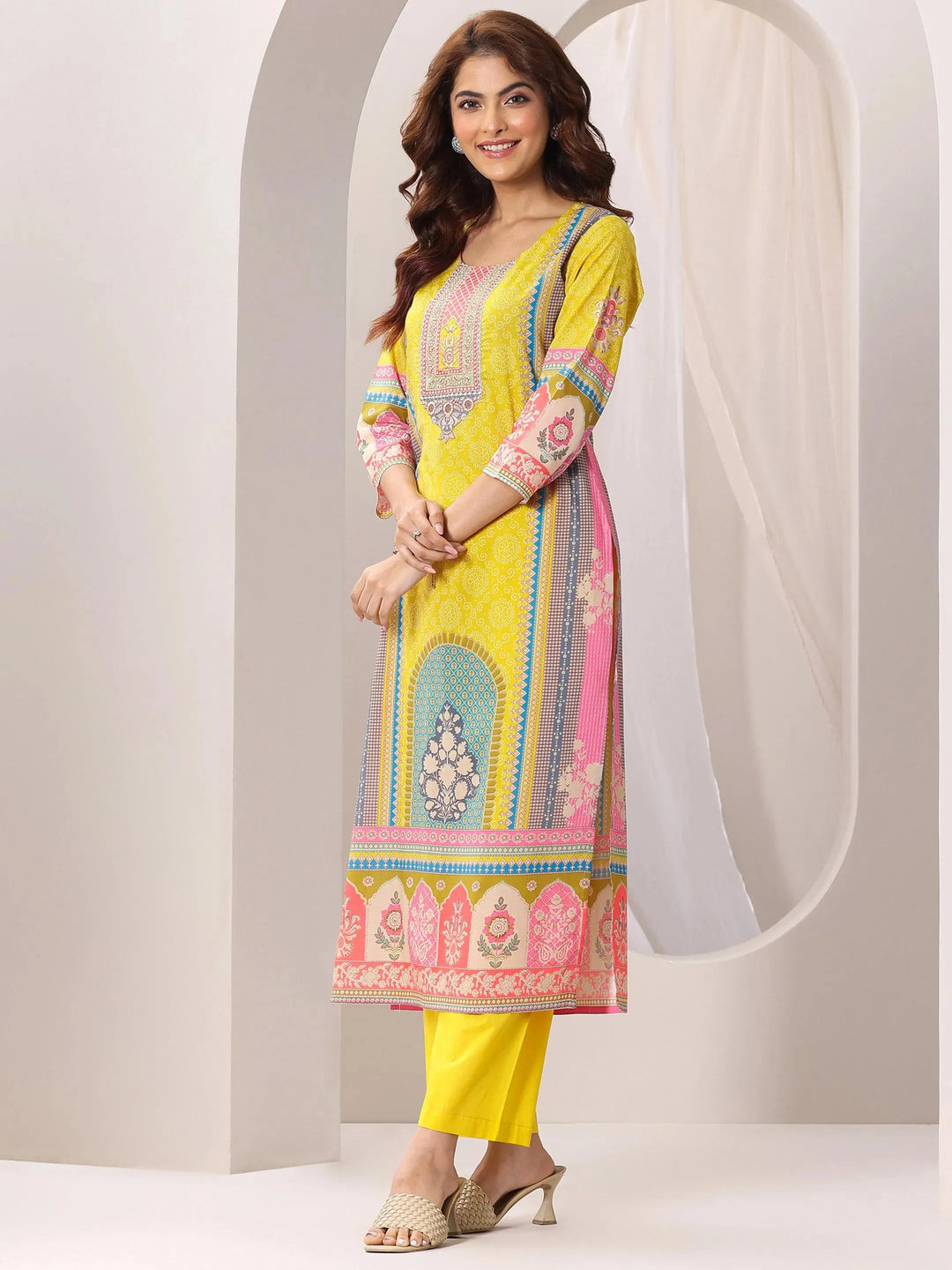  Yellow Printed Cotton Straight Suit Set With Dupatta 