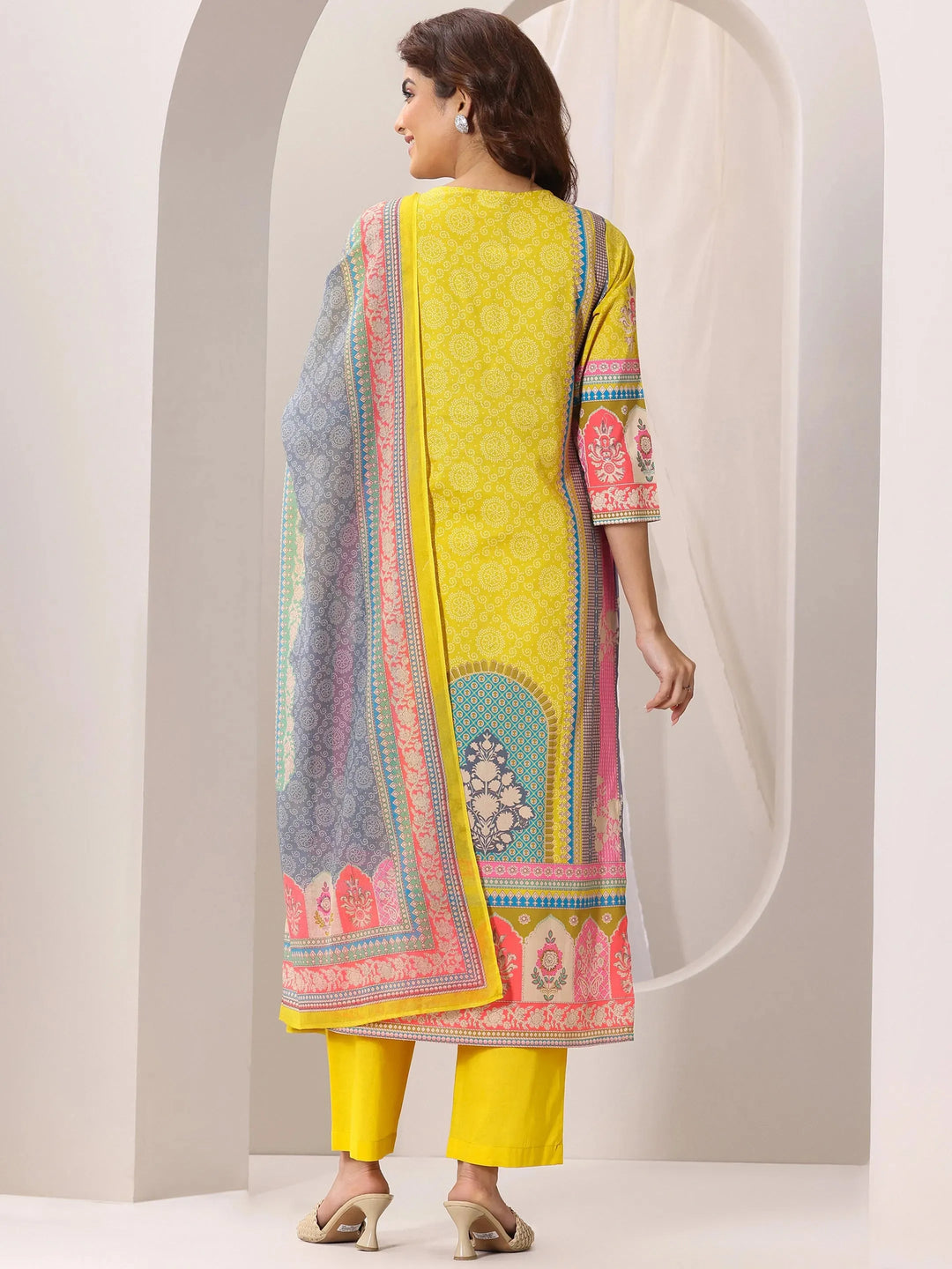  Yellow Printed Cotton Straight Suit Set With Dupatta 