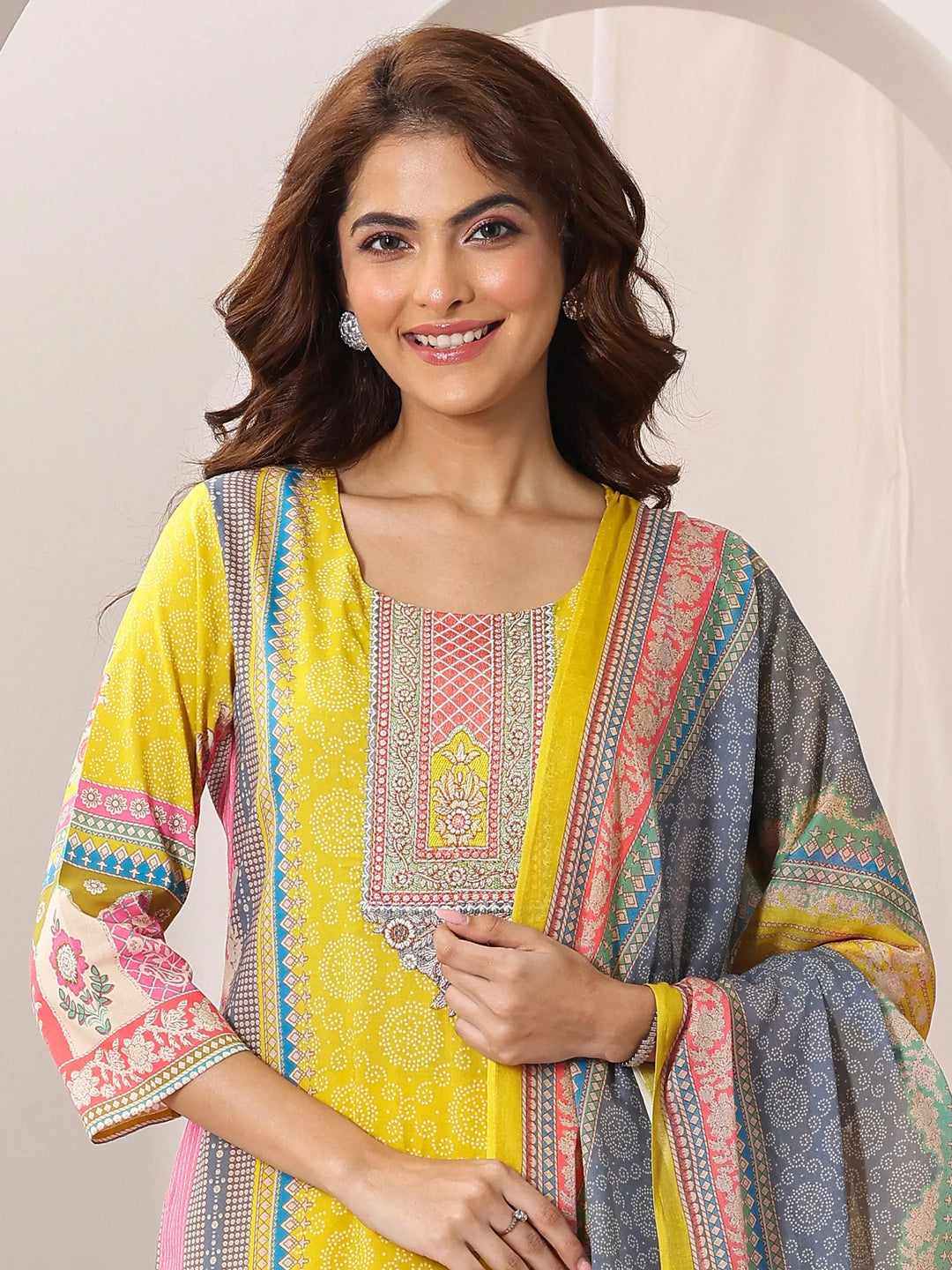  Yellow Printed Cotton Straight Suit Set With Dupatta 