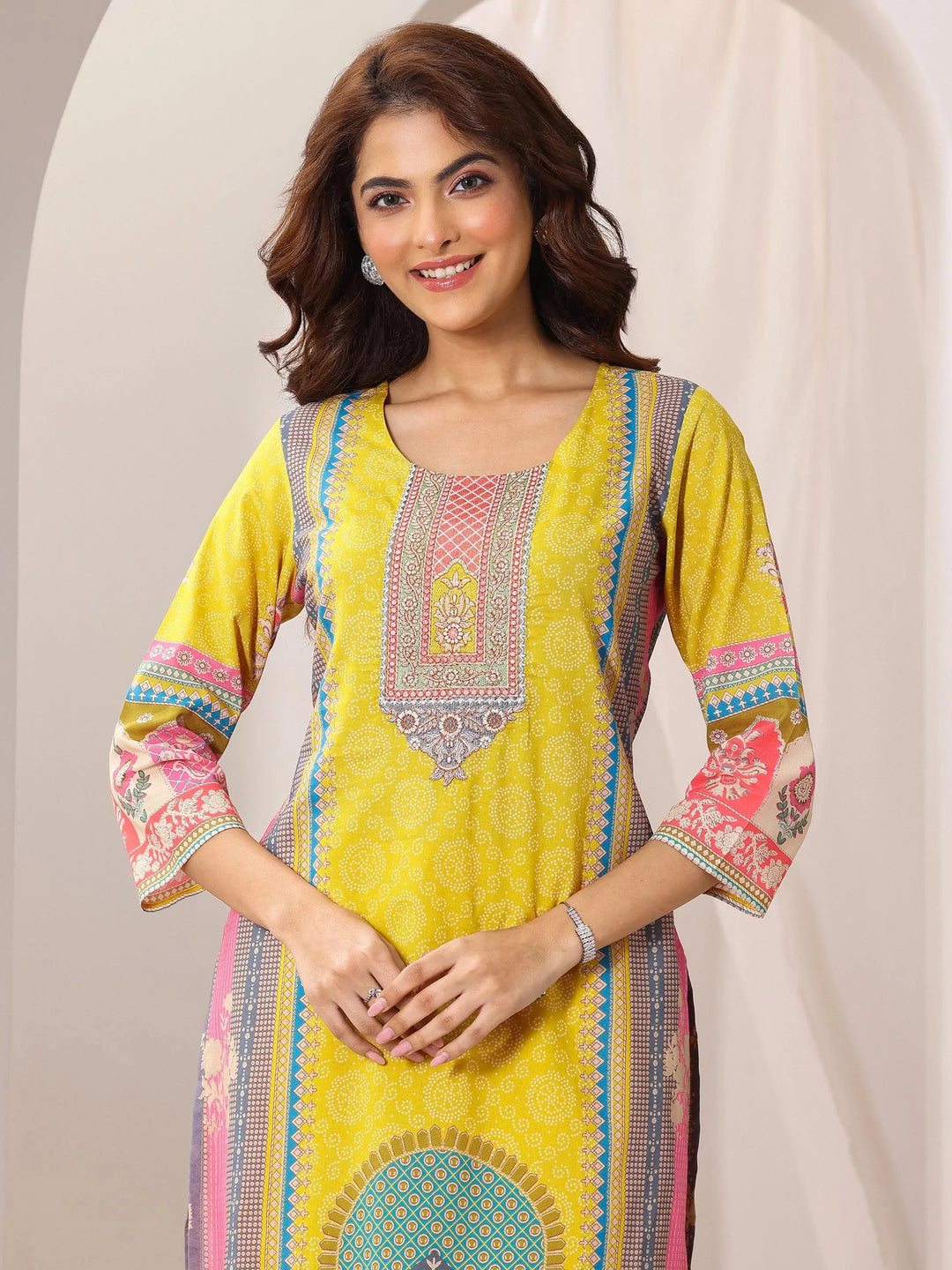  Yellow Printed Cotton Straight Suit Set With Dupatta 
