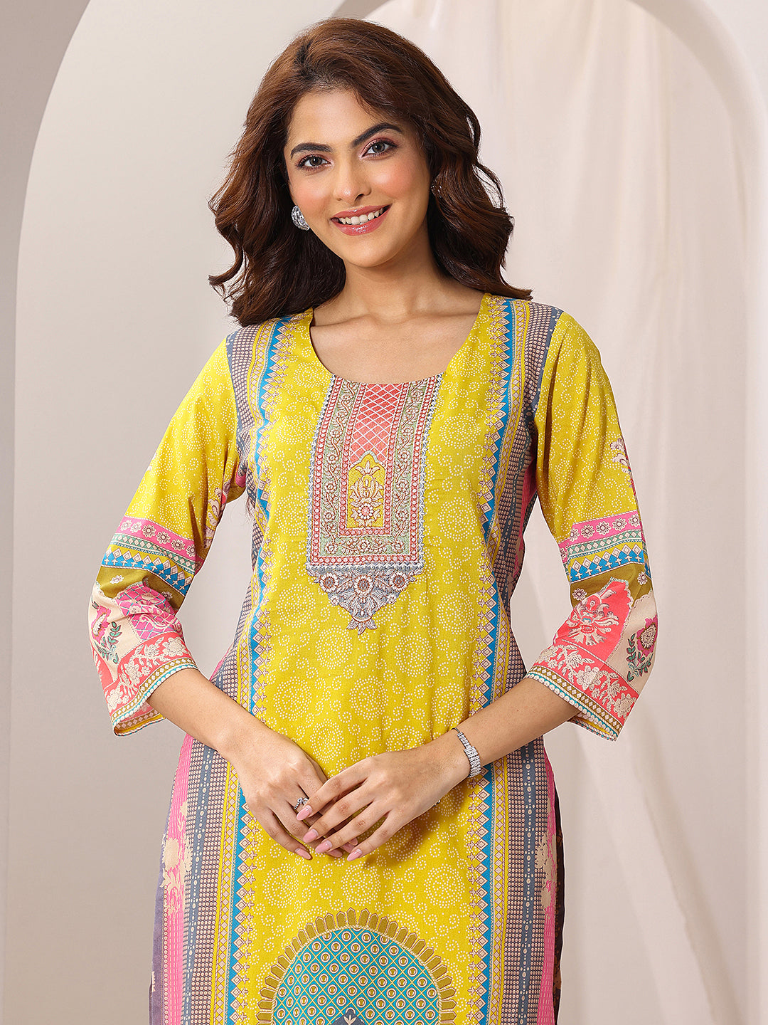  Yellow Printed Cotton Straight Suit Set With Dupatta 