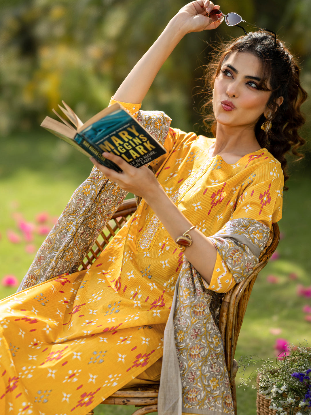  Mustard Printed Cotton Straight Suit Set With Dupatta 