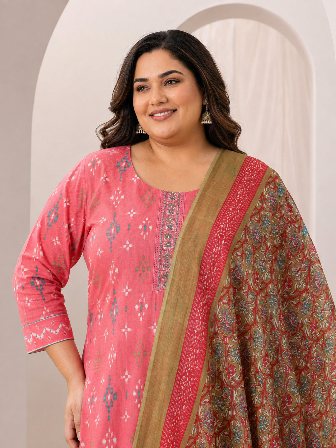  Plus Size Coral Printed Cotton Straight Suit Set With Dupatta 