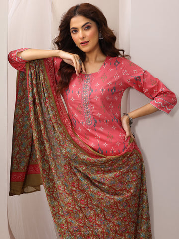 Coral Printed Cotton Straight Suit Set With Dupatta