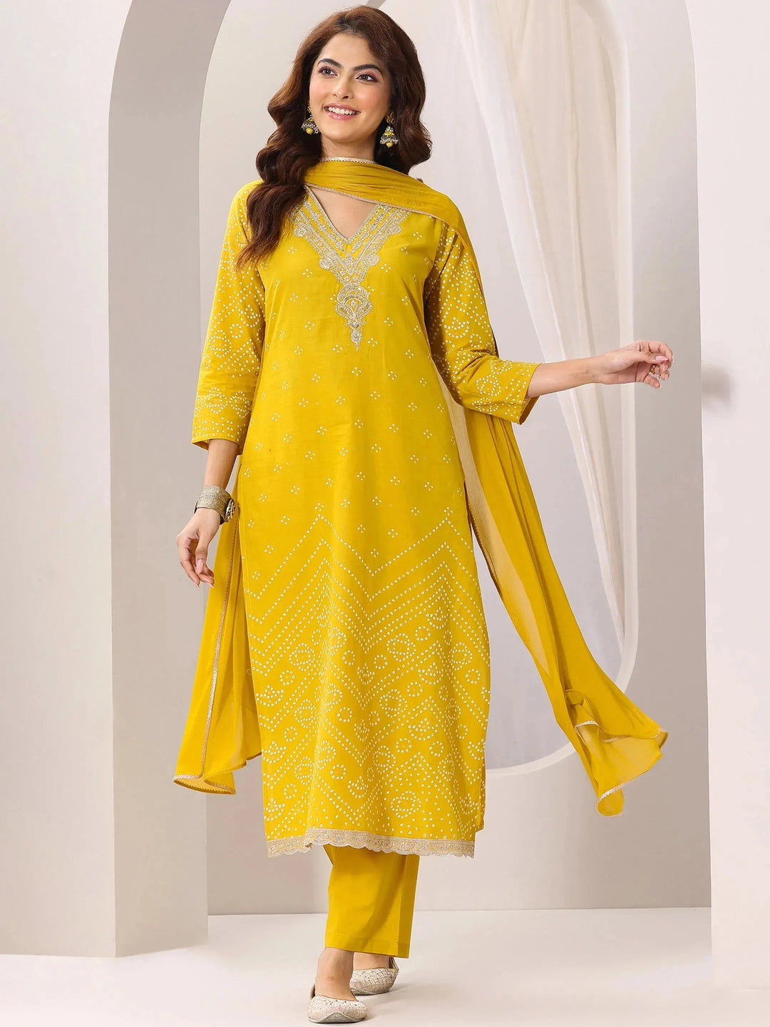  Mustard Printed Cotton Straight Suit Set With Dupatta 